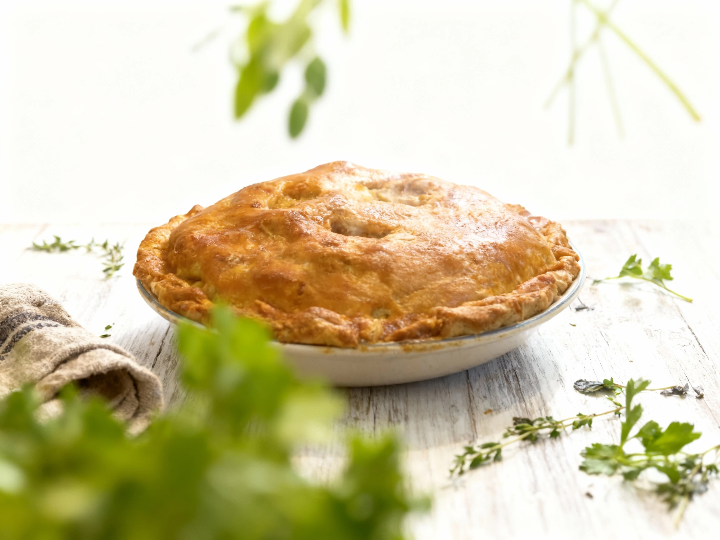 A large, freshly baked whole pie featuring a golden-brown, puffed pastry crust with steam vents, served in a round dish.