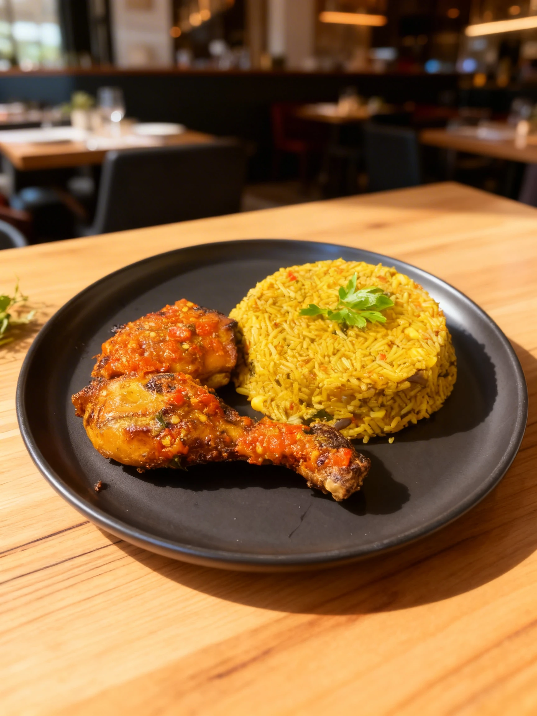 Grilled chicken pieces topped with a chunky red chili sauce, served alongside a molded mound of yellow spiced rice garnished with fresh parsley.