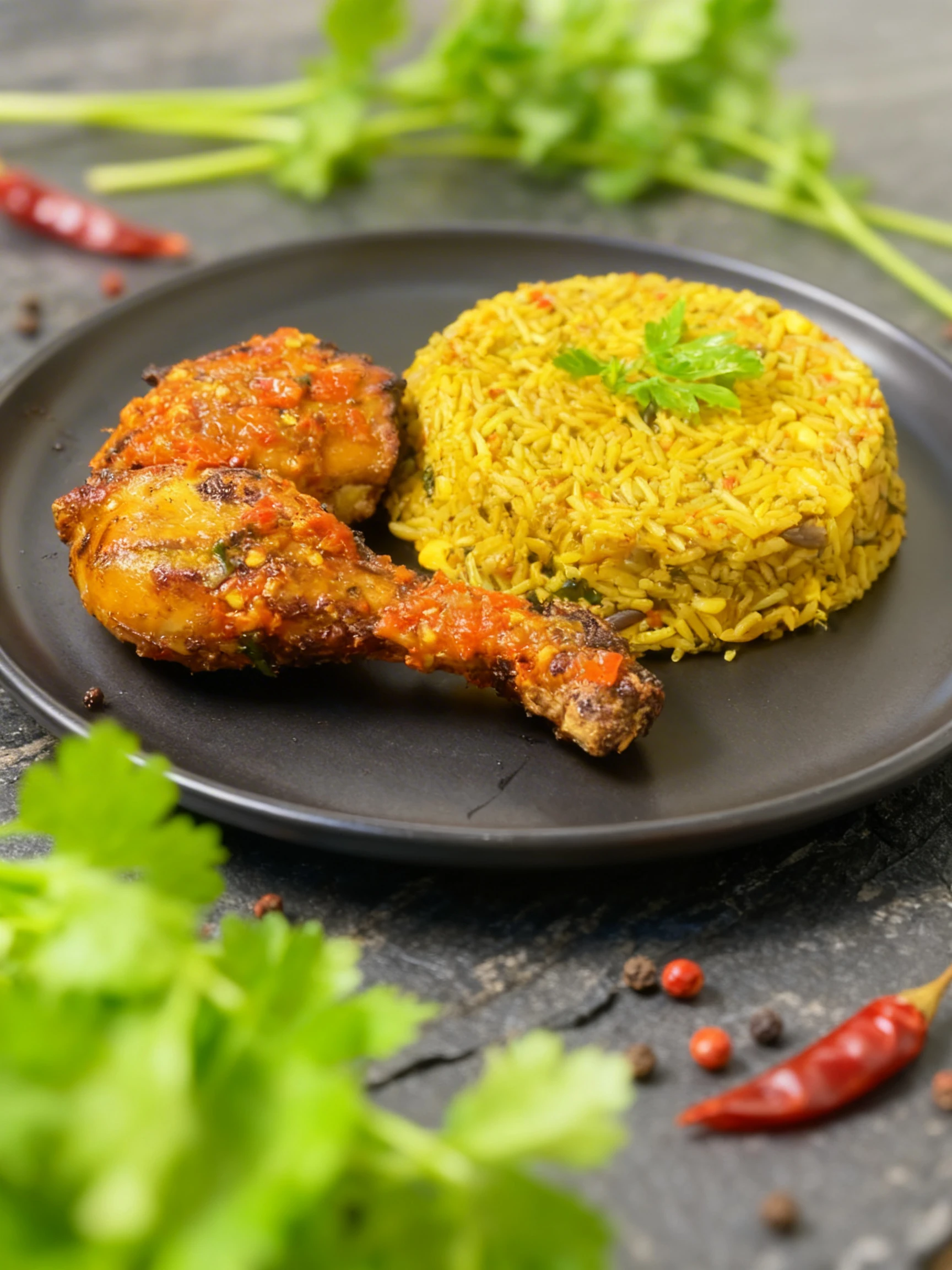 Grilled chicken leg and thigh coated in a spicy red chili sauce, served alongside a molded mound of yellow spiced rice garnished with a parsley sprig.