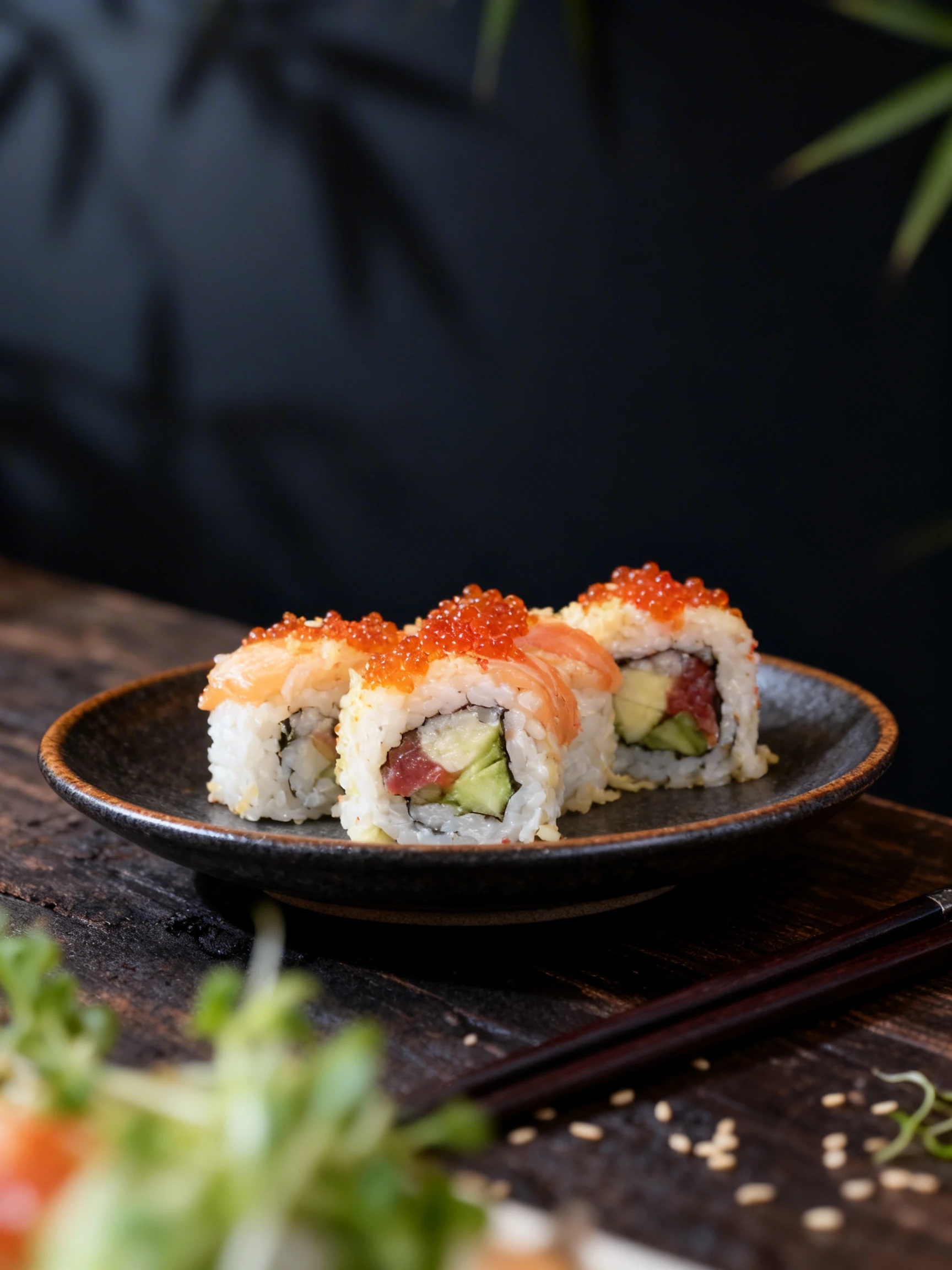 A variety of sushi rolls including tuna and avocado rolls topped with fish roe and drizzled eel sauce.