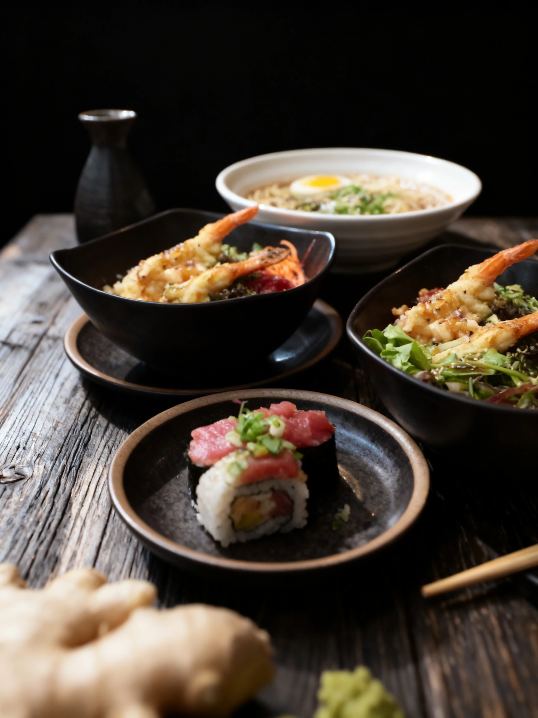 A Japanese feast featuring tuna poke bowls with mixed greens and pickled beets, shrimp tempura, assorted sushi rolls, and a bowl of ramen with a soft-boiled egg