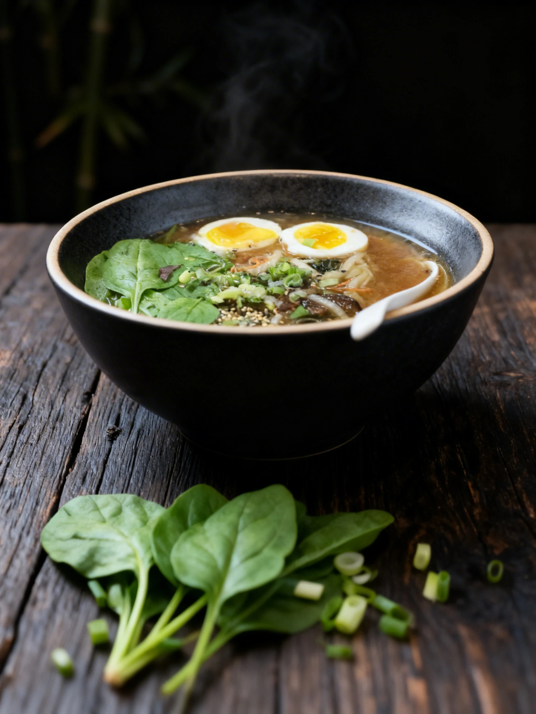 A bowl of ramen featuring noodles in a dark broth topped with soft-boiled eggs, fresh spinach leaves, sliced scallions, and sesame seeds.