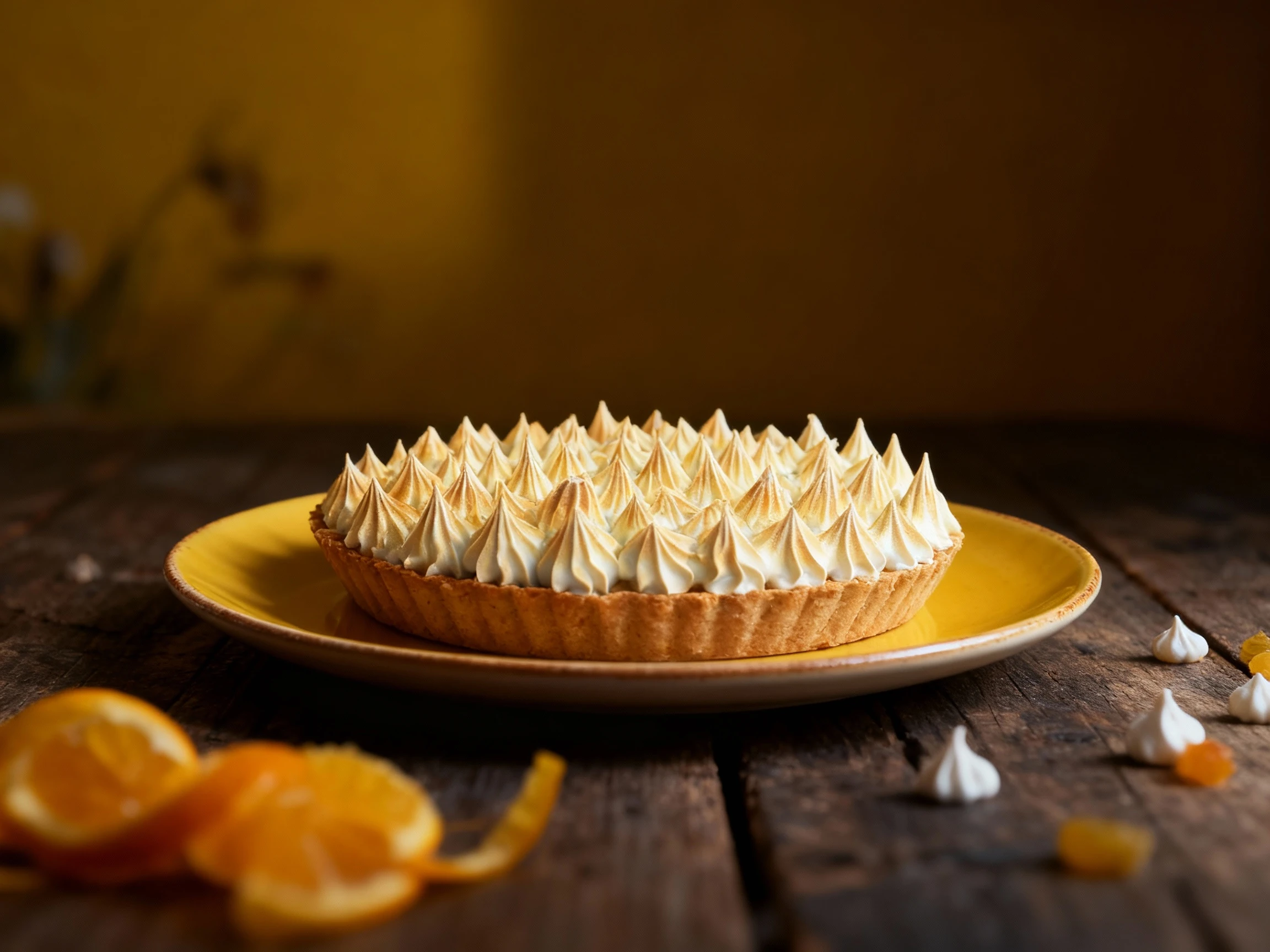 A whole tart featuring a fluted pastry crust base and an elaborate topping of sharply peaked meringue that has been lightly torched.