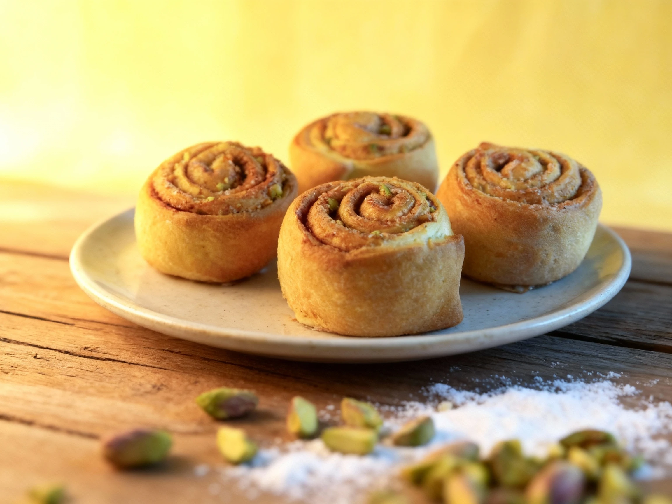 Four golden-baked spiral sweet rolls, featuring a cinnamon and sugar filling speckled with small green pieces, likely chopped pistachios.