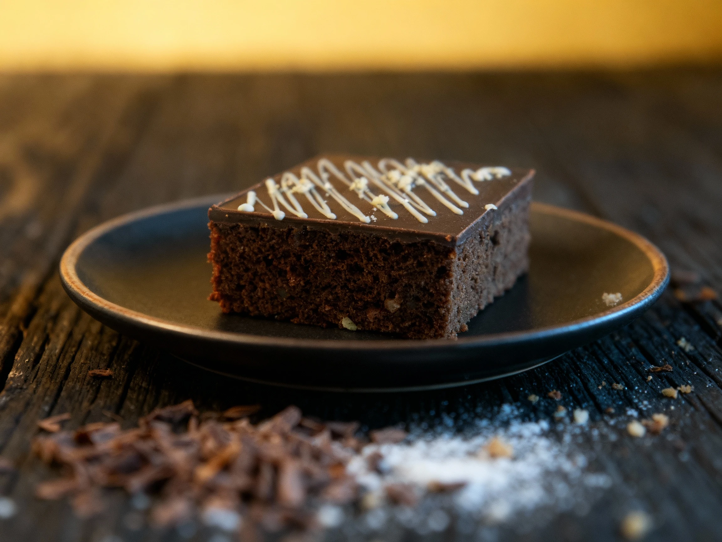 A square slice of rich dark chocolate cake or brownie topped with a smooth layer of dark chocolate glaze, decorated with parallel lines of white icing and sprin