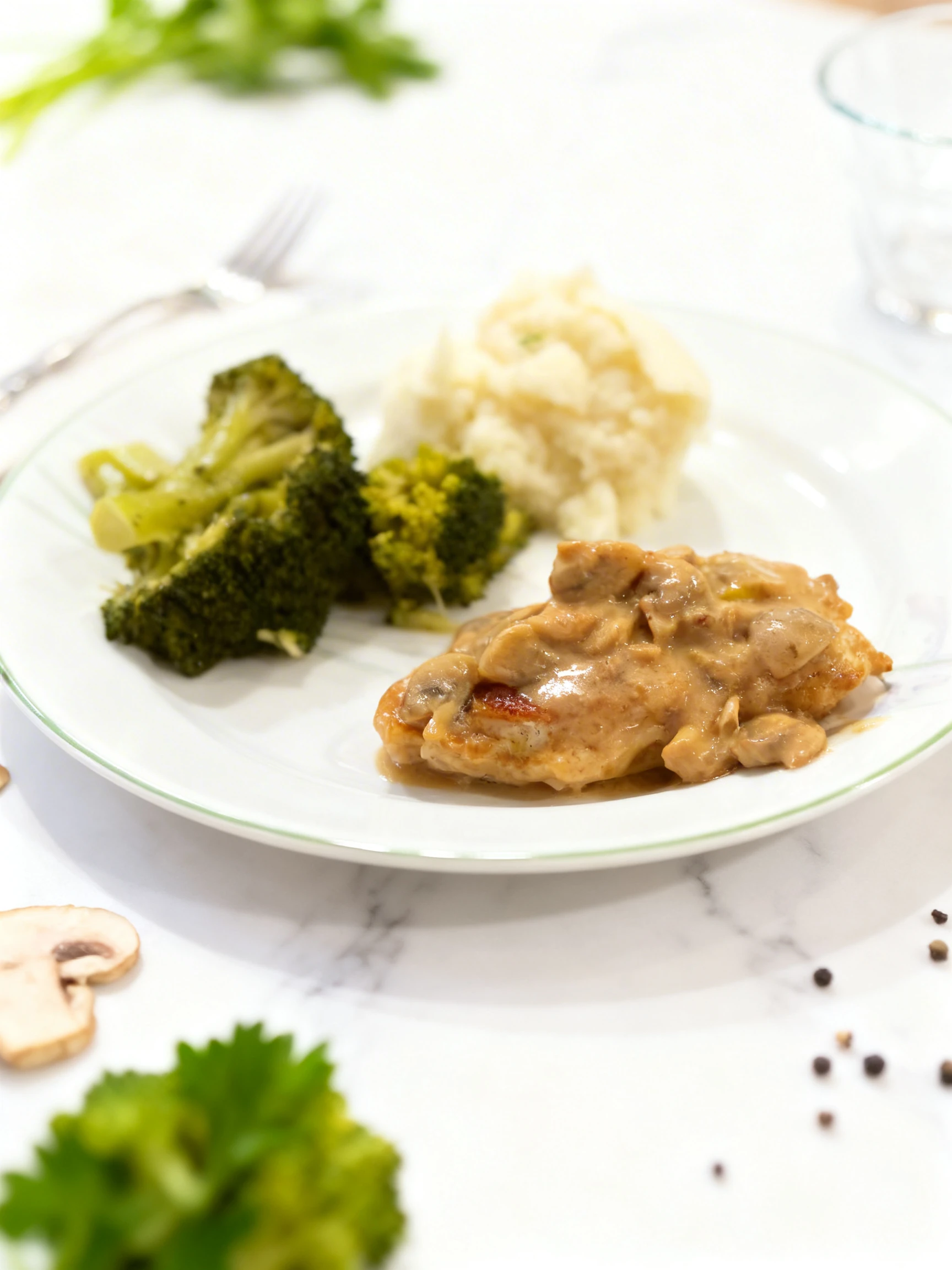 Chicken breast topped with creamy mushroom sauce, served with steamed broccoli and a scoop of mashed potatoes.