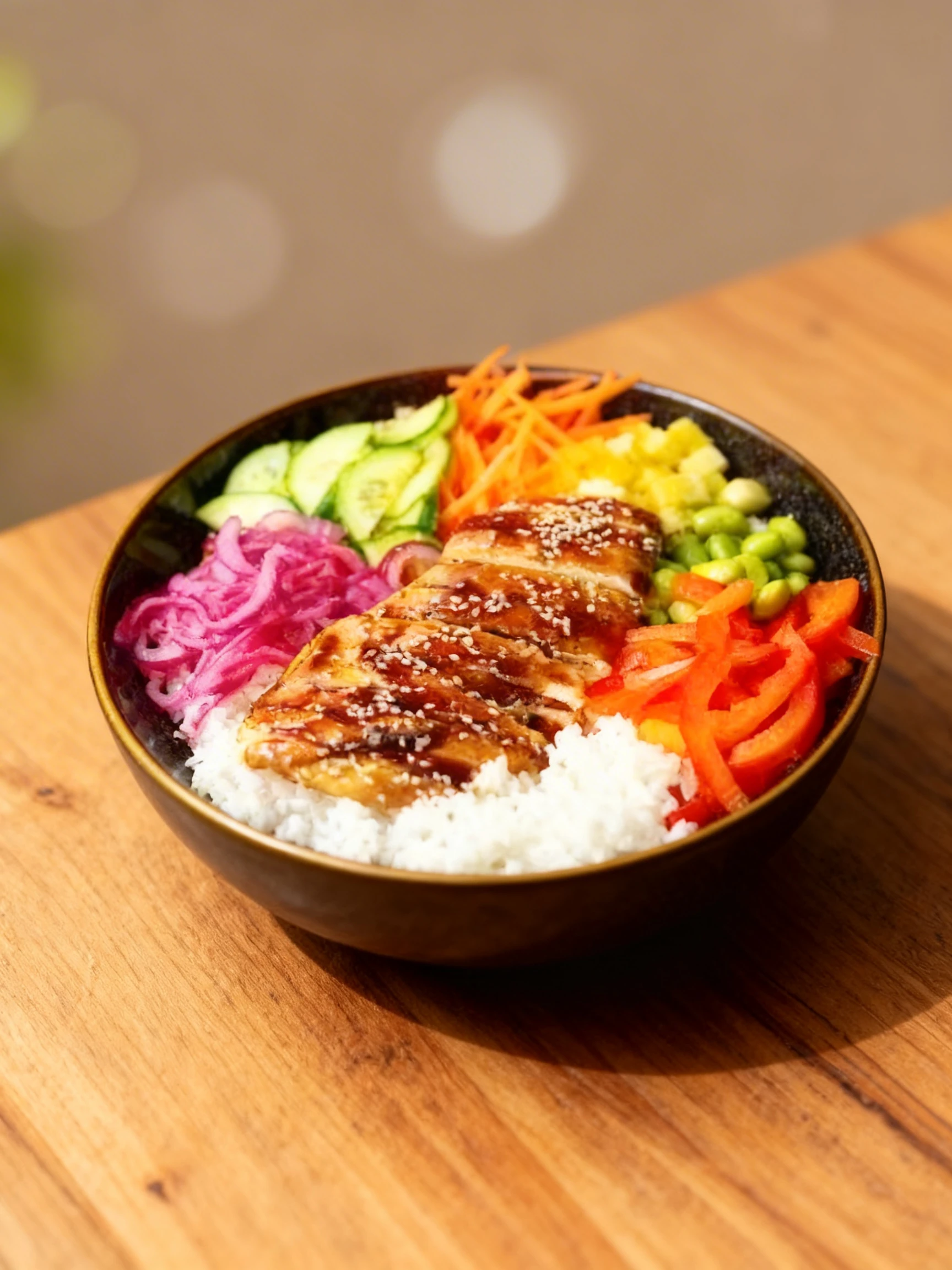 Chicken teriyaki poke bowl featuring glazed chicken breast topped with sesame seeds, served over white rice with pickled red onions, sliced cucumbers, shredded