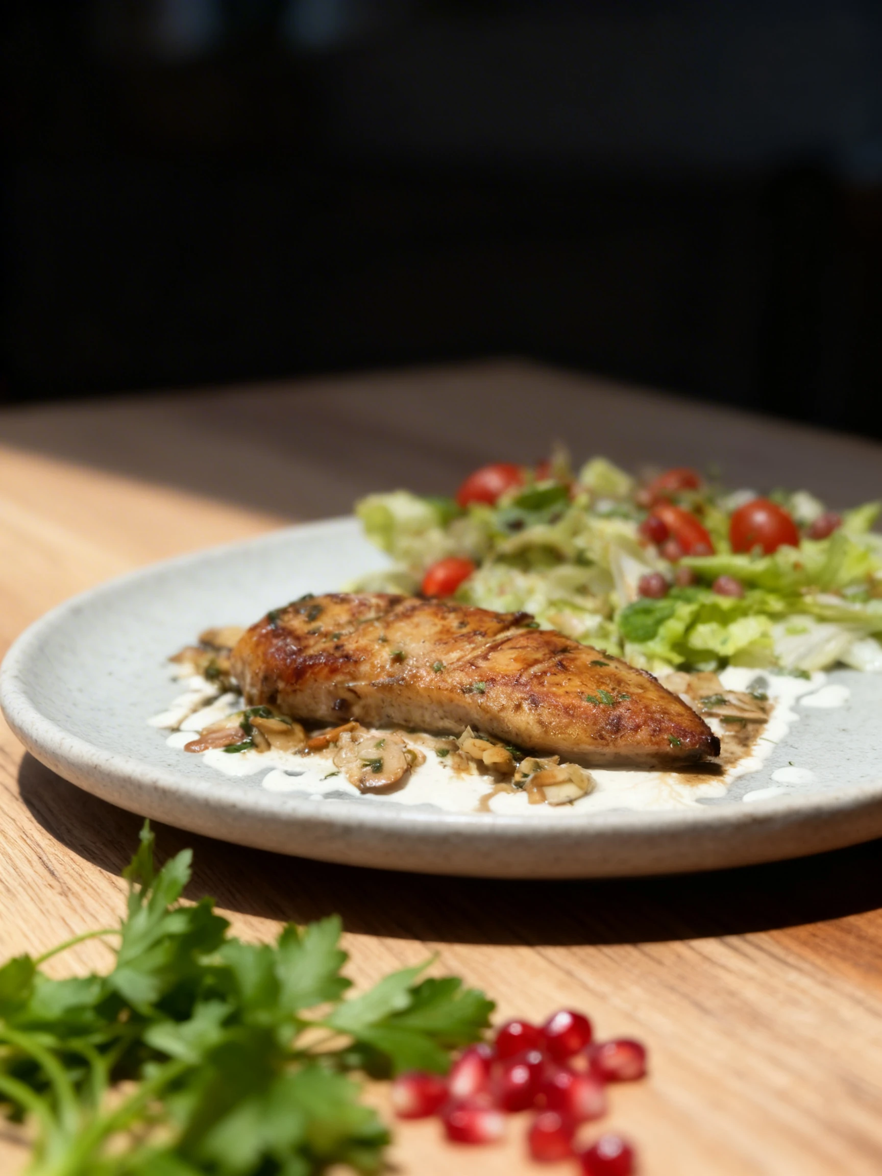 Grilled chicken breast served over a creamy white sauce with sliced mushrooms and a side garden salad featuring cherry tomatoes and pomegranate seeds.