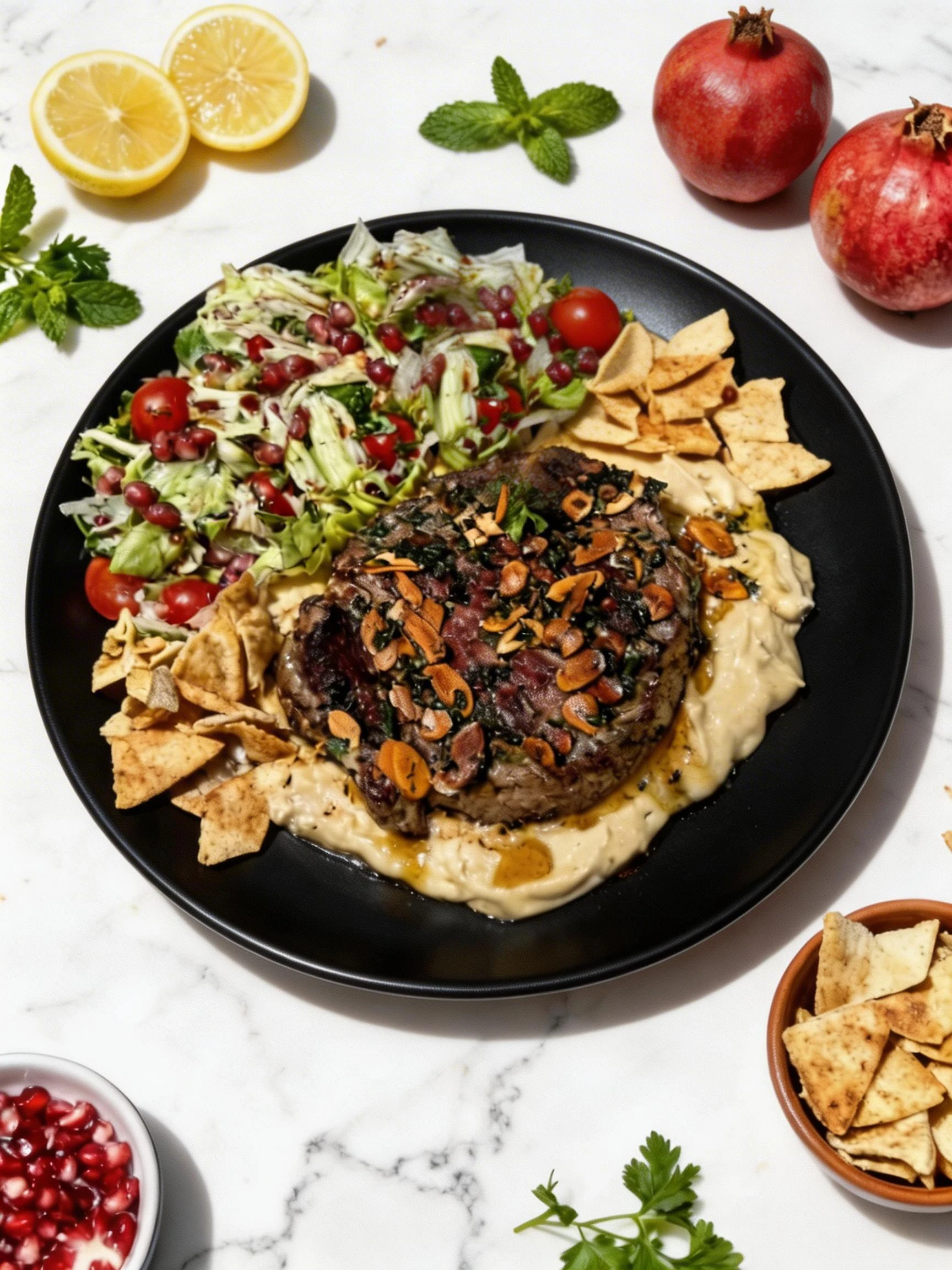Grilled steak topped with toasted almond slivers and herbs, served over a bed of creamy hummus with a side of mixed green salad, cherry tomatoes, pomegranate se