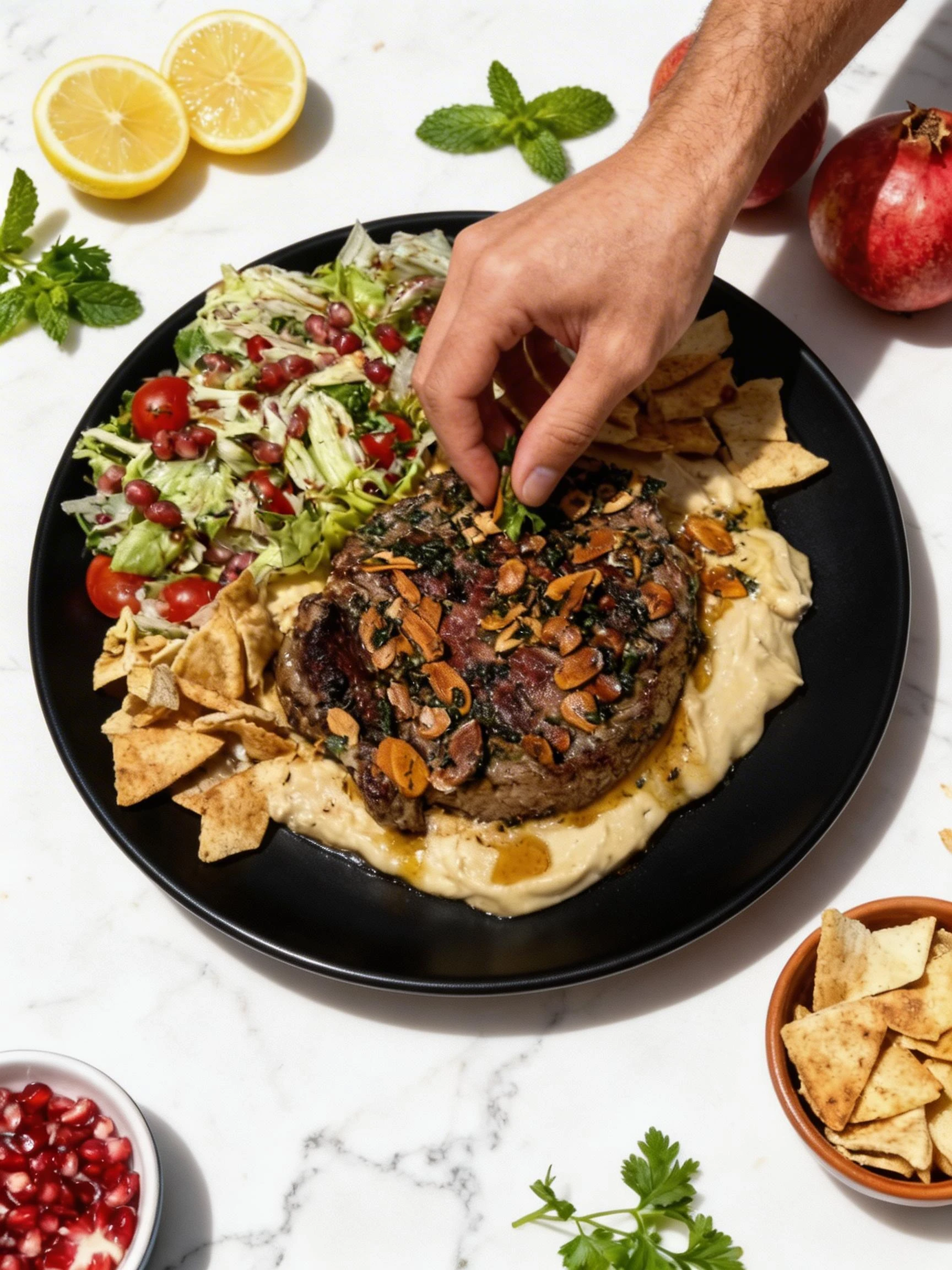 Grilled steak topped with toasted almond slivers and herbs, served over a bed of creamy hummus with a side of mixed green salad, cherry tomatoes, pomegranate se