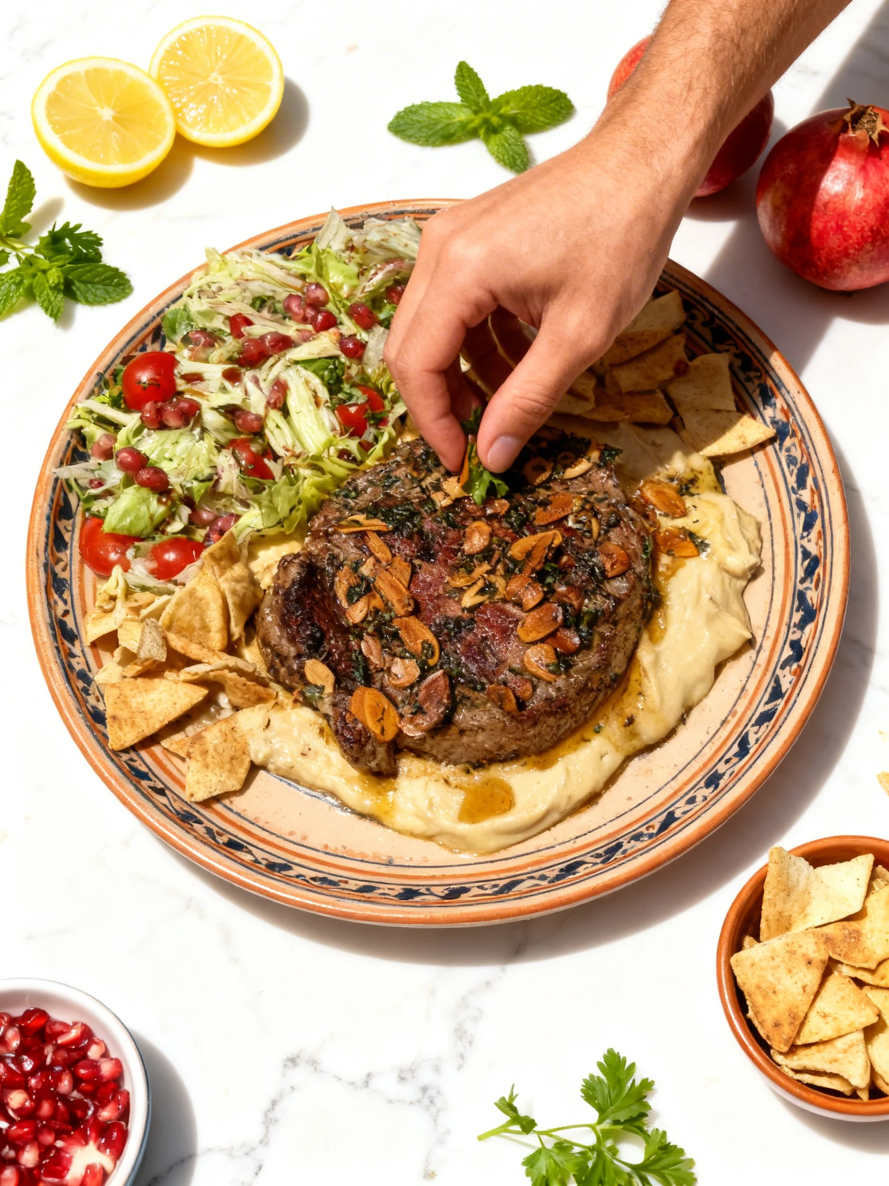 Grilled steak topped with toasted almond slivers and herbs, served over a bed of creamy hummus with a side of mixed green salad, cherry tomatoes, pomegranate se