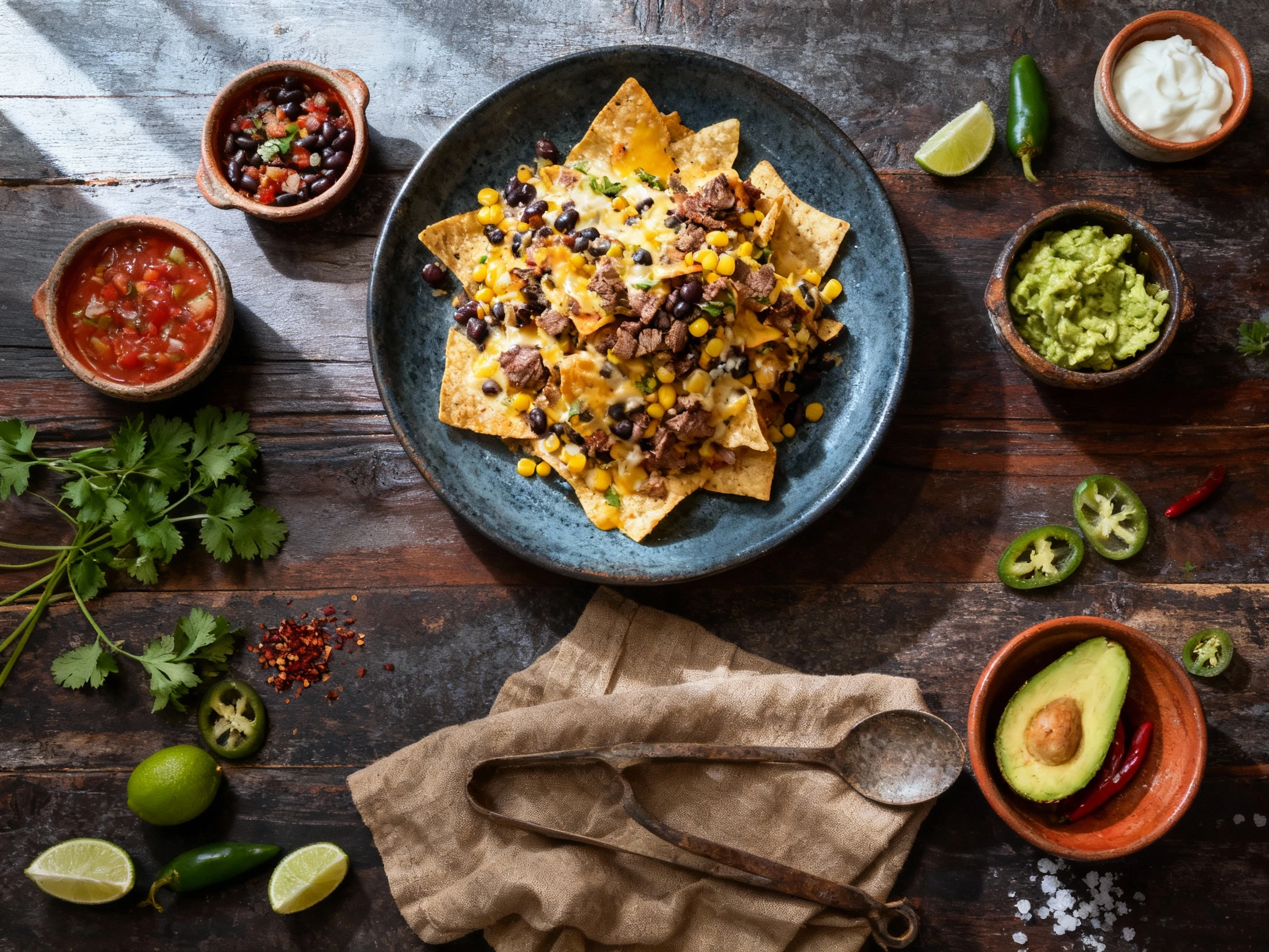 A generous serving of loaded nachos features crispy tortilla chips topped with melted cheese, black beans, corn, and chunks of diced cooked steak, presented on