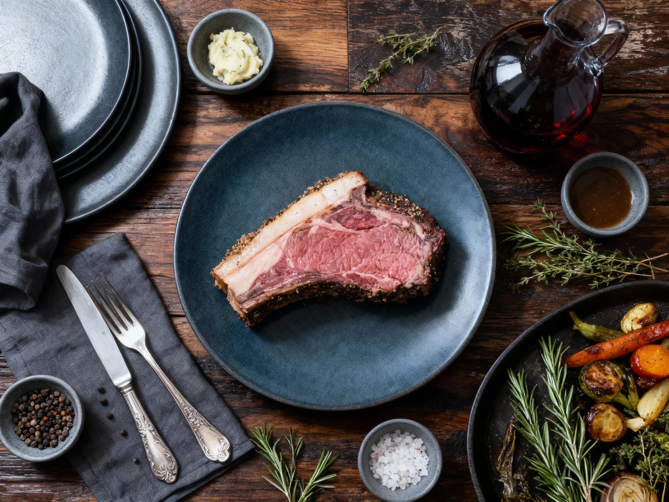 A thick cut of rare to medium-rare roast beef, likely prime rib, featuring a seasoned crust and a large cap of fat, served on a cast iron sizzle platter filled