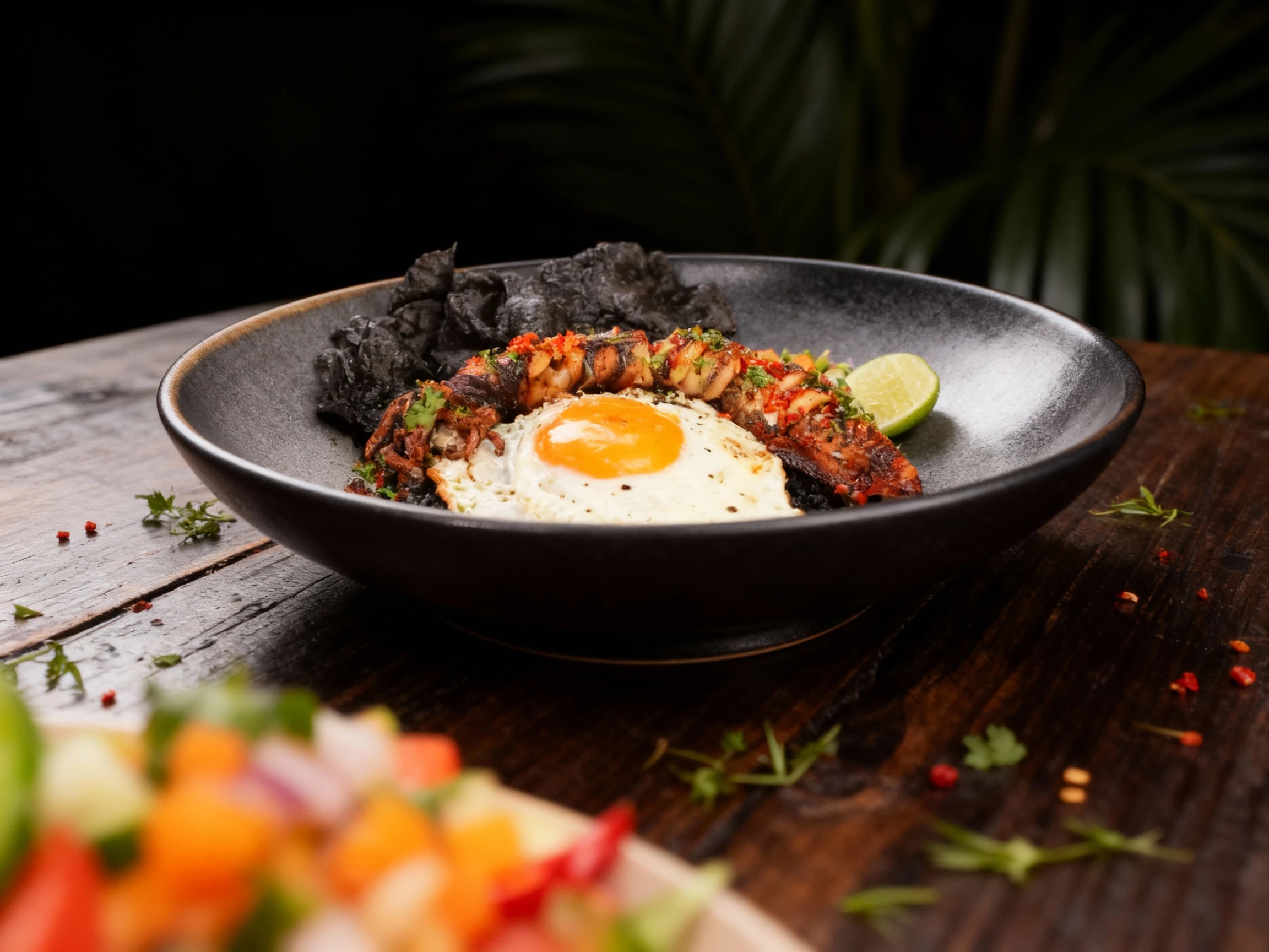 Grilled squid seasoned with chili and herbs served over black squid ink rice with a sunny-side-up fried egg, black rice crackers, and a side of vegetable salsa