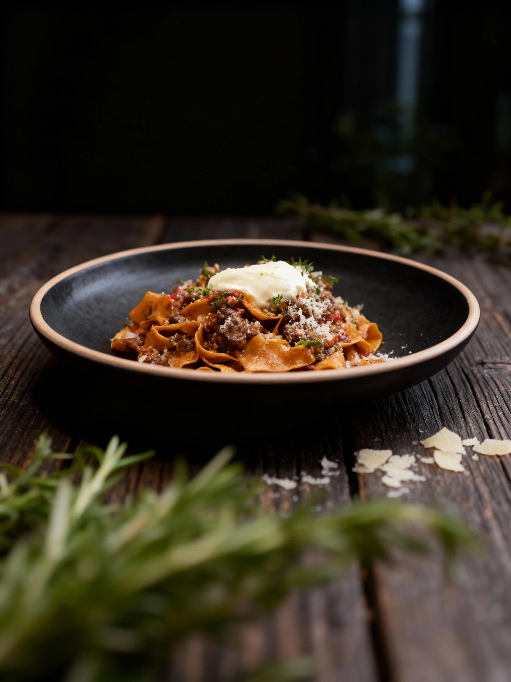 Pappardelle pasta tossed with a hearty meat ragu, topped with a dollop of creamy ricotta or mascarpone and finished with grated parmesan and fresh herbs.