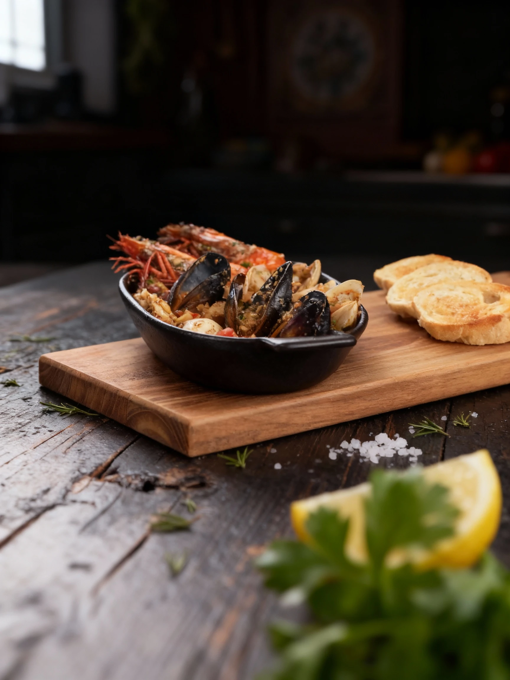 A seafood medley featuring whole prawns, mussels, and clams sautéed with diced tomatoes and herbs, served in a black cast iron dish with toasted baguette slices