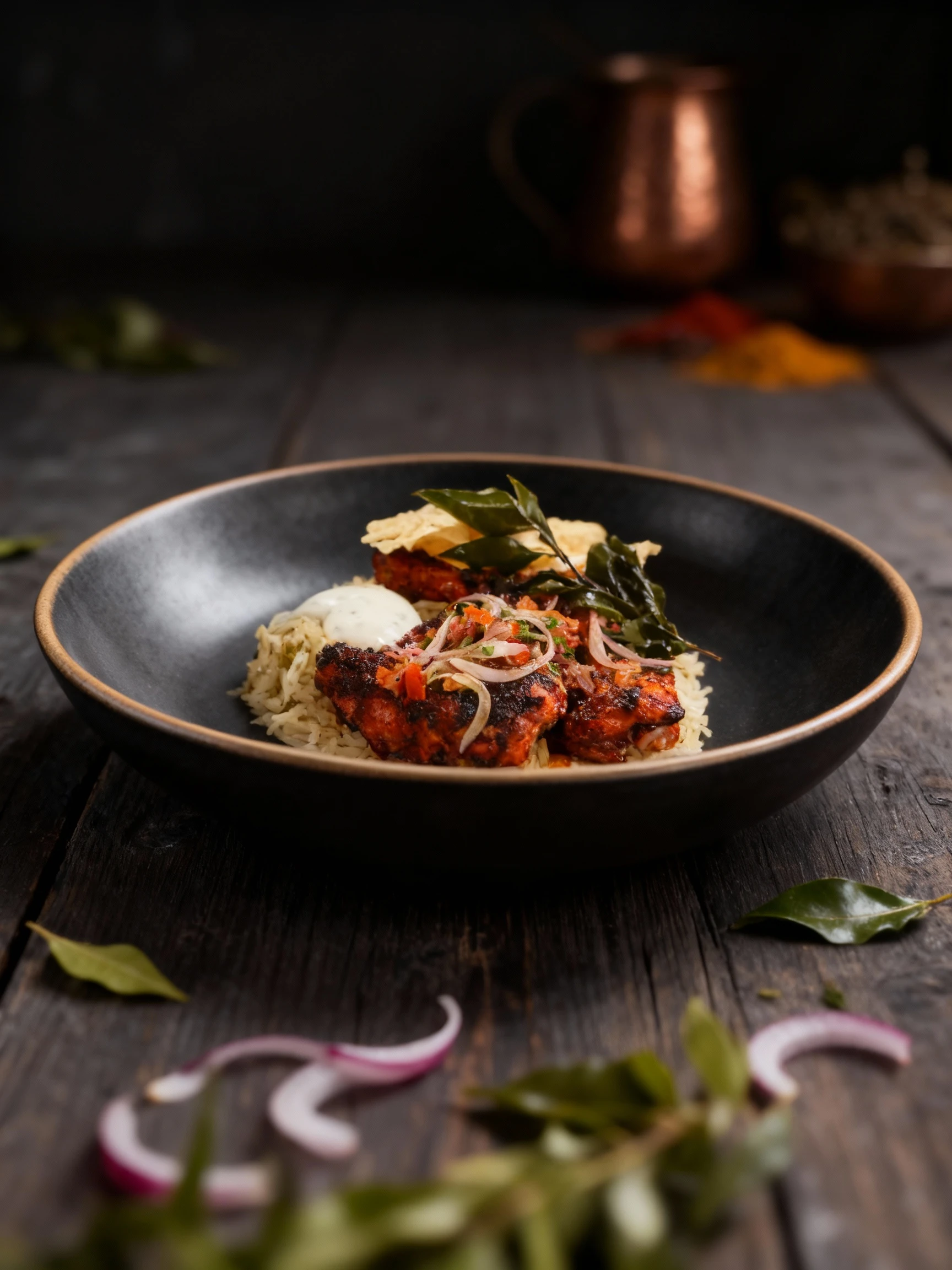 Grilled tandoori chicken served over basmati rice with a side of white sauce, crispy papadum, and garnished with fried curry leaves and a red onion salad.