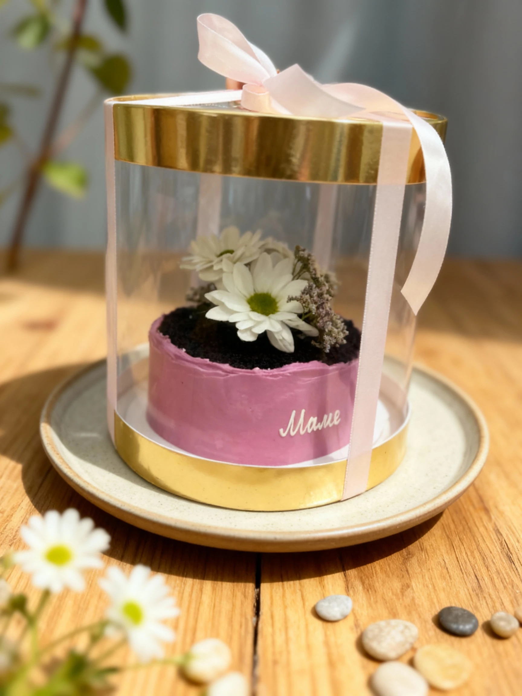 A novelty cylindrical cake decorated to resemble a potted plant, featuring magenta frosting, a dark crumb topping simulating soil, and fresh white daisies and f