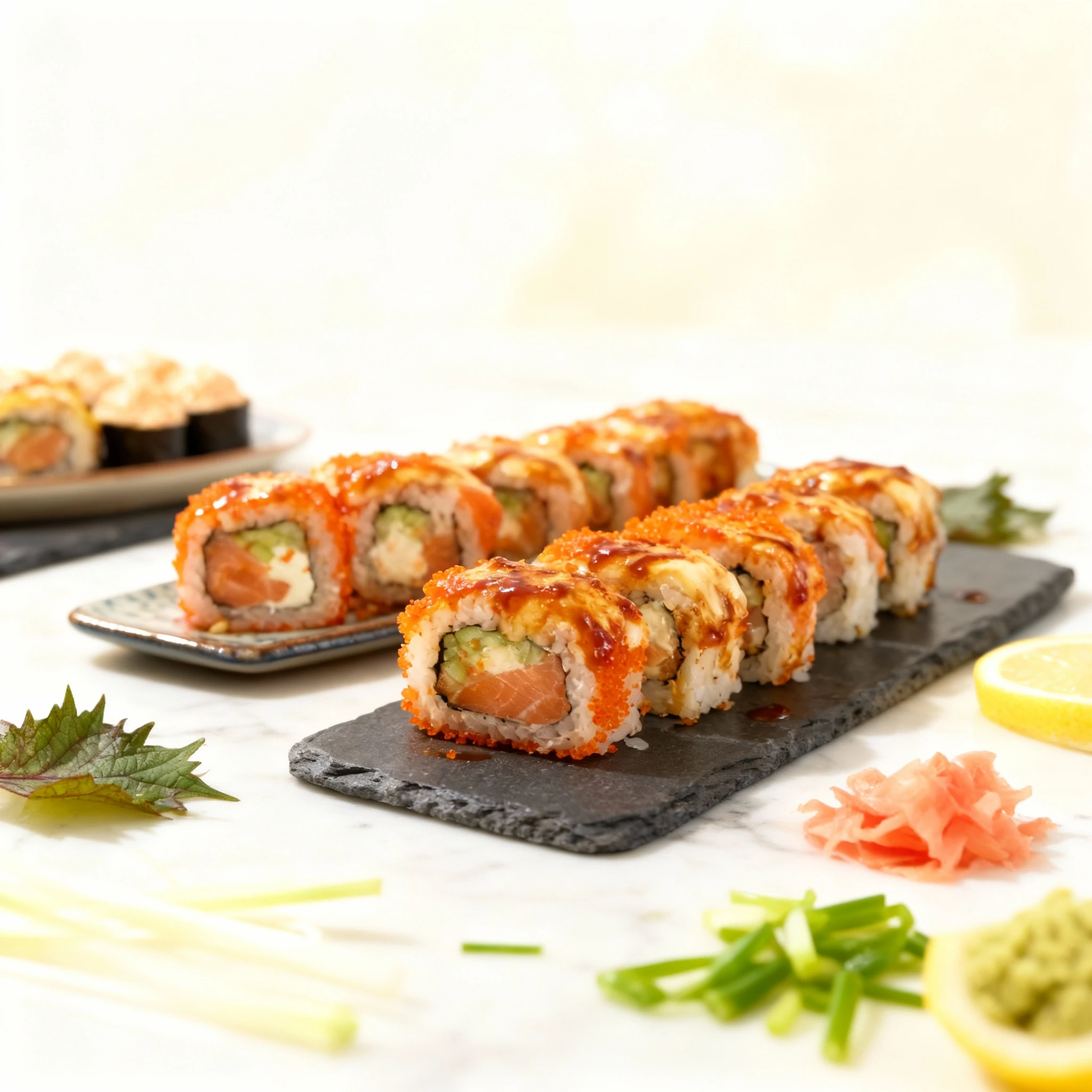 An assortment of sushi rolls presented in a takeaway container, featuring Uramaki rolls filled with salmon, cream cheese, and cucumber, coated in orange tobiko,