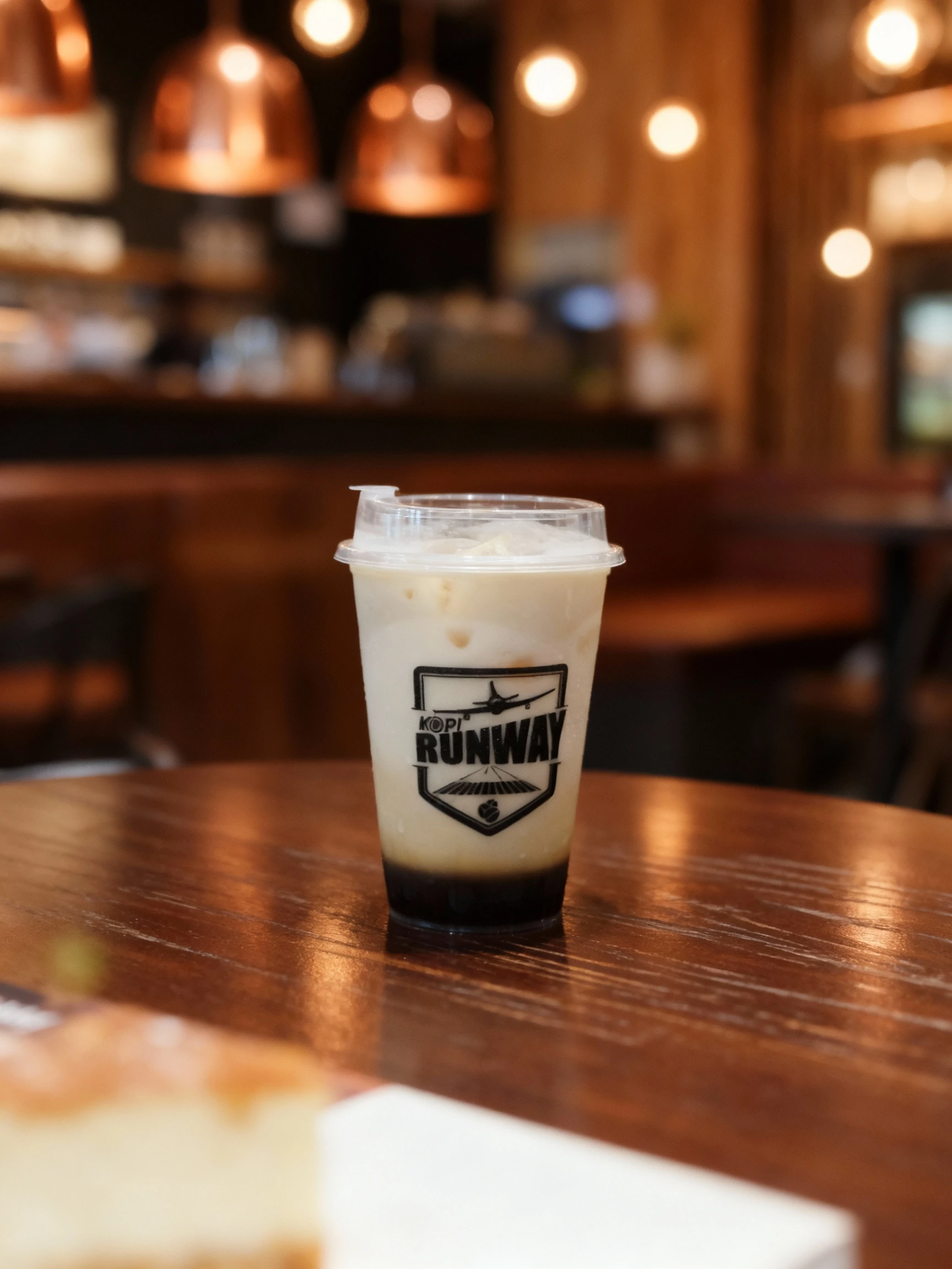 This is a branded iced coffee beverage, labeled 'Kopi Runway,' served in a clear plastic takeaway cup with a lid. The drink is layered, featuring a dark coffee