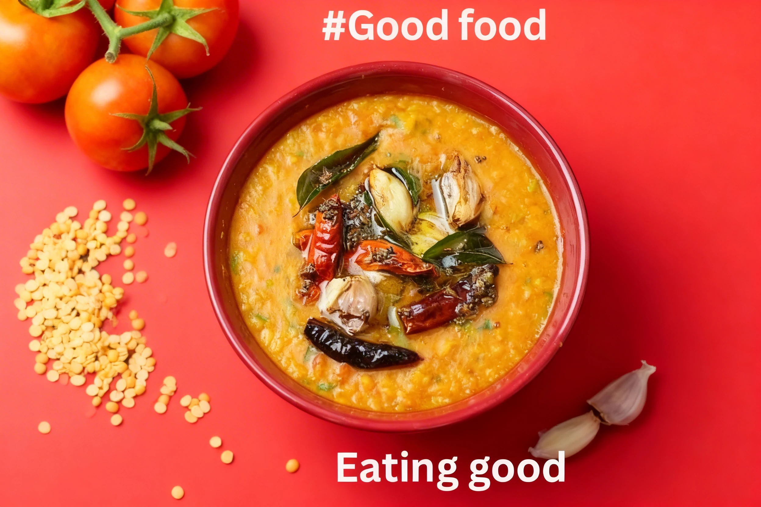 A bowl of yellow lentil dal tadka topped with roasted garlic cloves, dried red chilies, and fresh curry leaves, accompanied by whole vine tomatoes and raw lenti