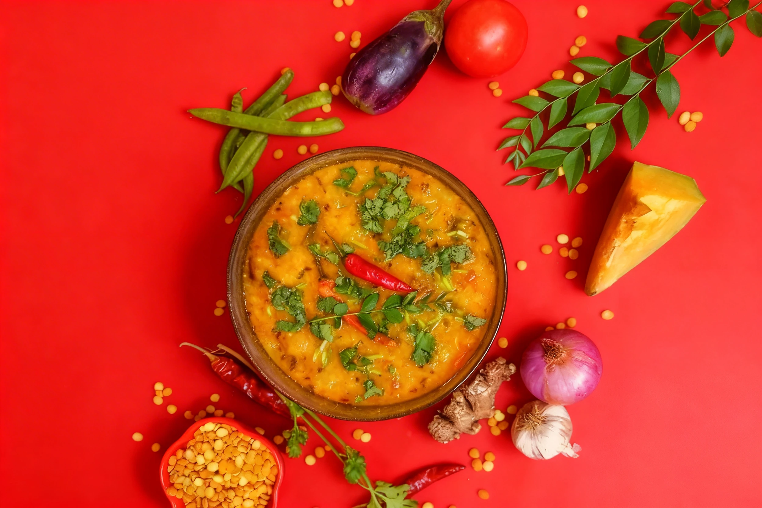 A bowl of yellow dal tadka garnished with fresh cilantro and a whole red chili, surrounded by raw ingredients including eggplant, tomato, lentils, and garlic.
