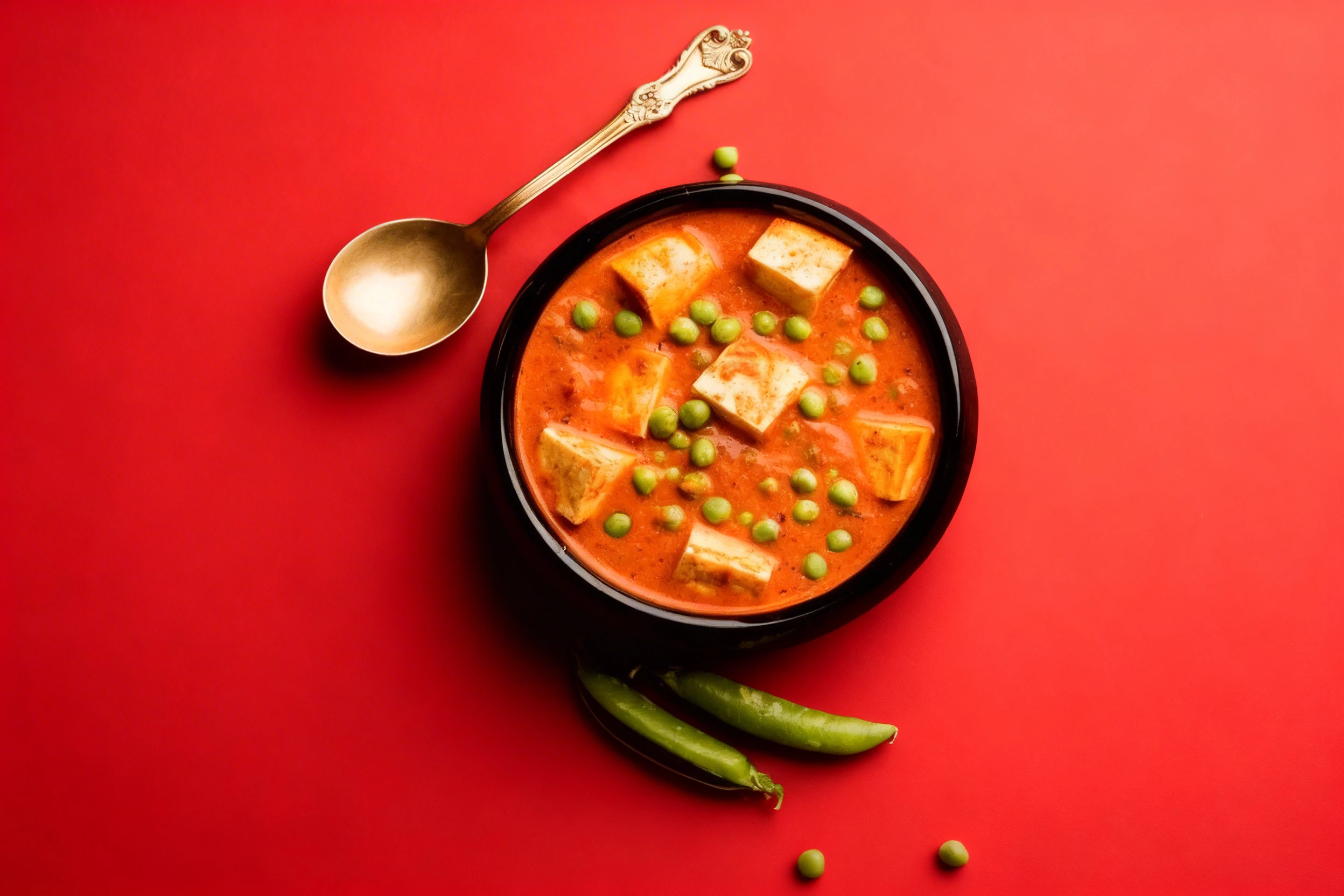 Matar Paneer featuring cubed paneer cheese and green peas simmered in a rich tomato-based gravy.