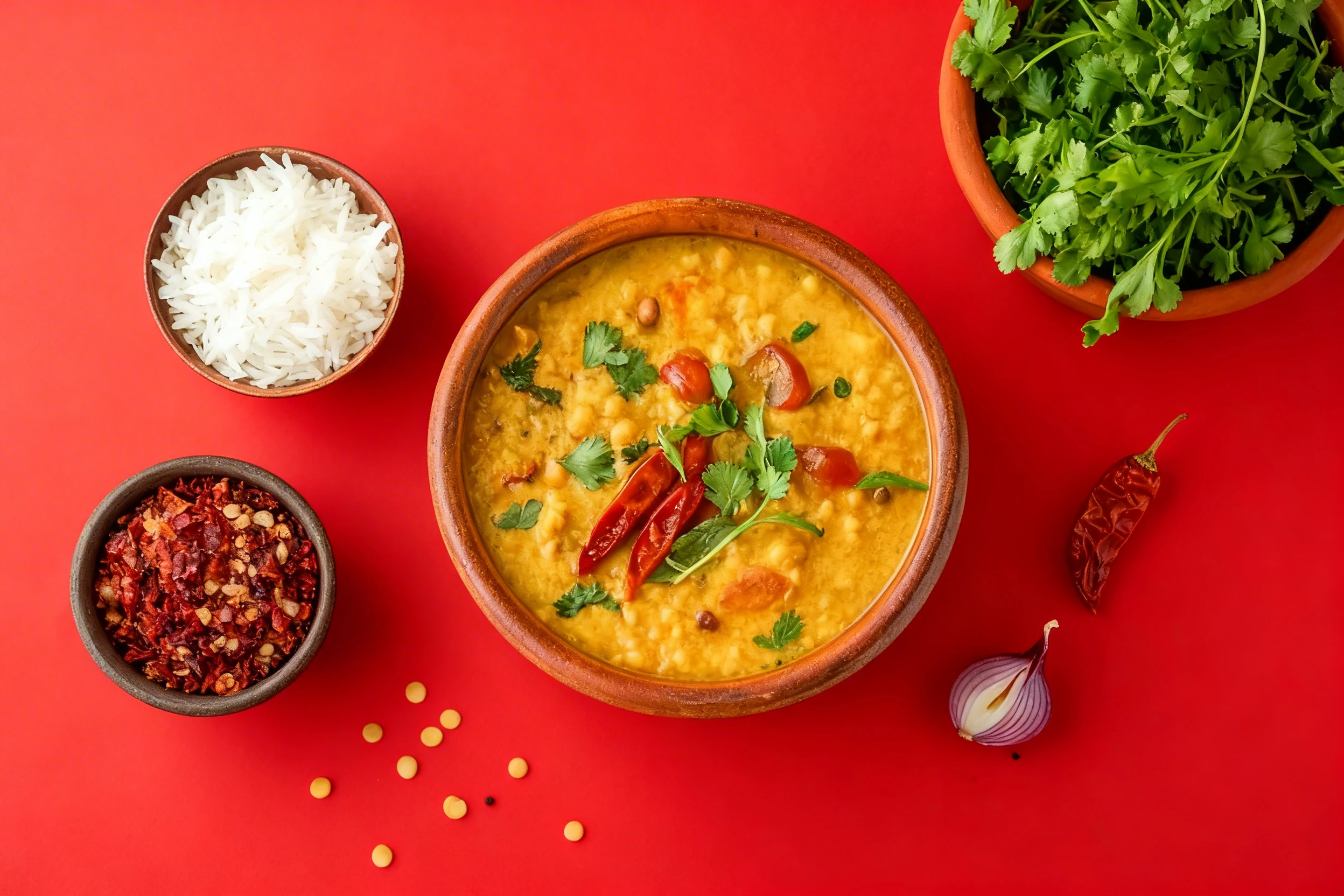 A bowl of yellow dal tadka garnished with fresh cilantro and dried red chilies, served with sides of white rice, red chili flakes, and fresh greens.