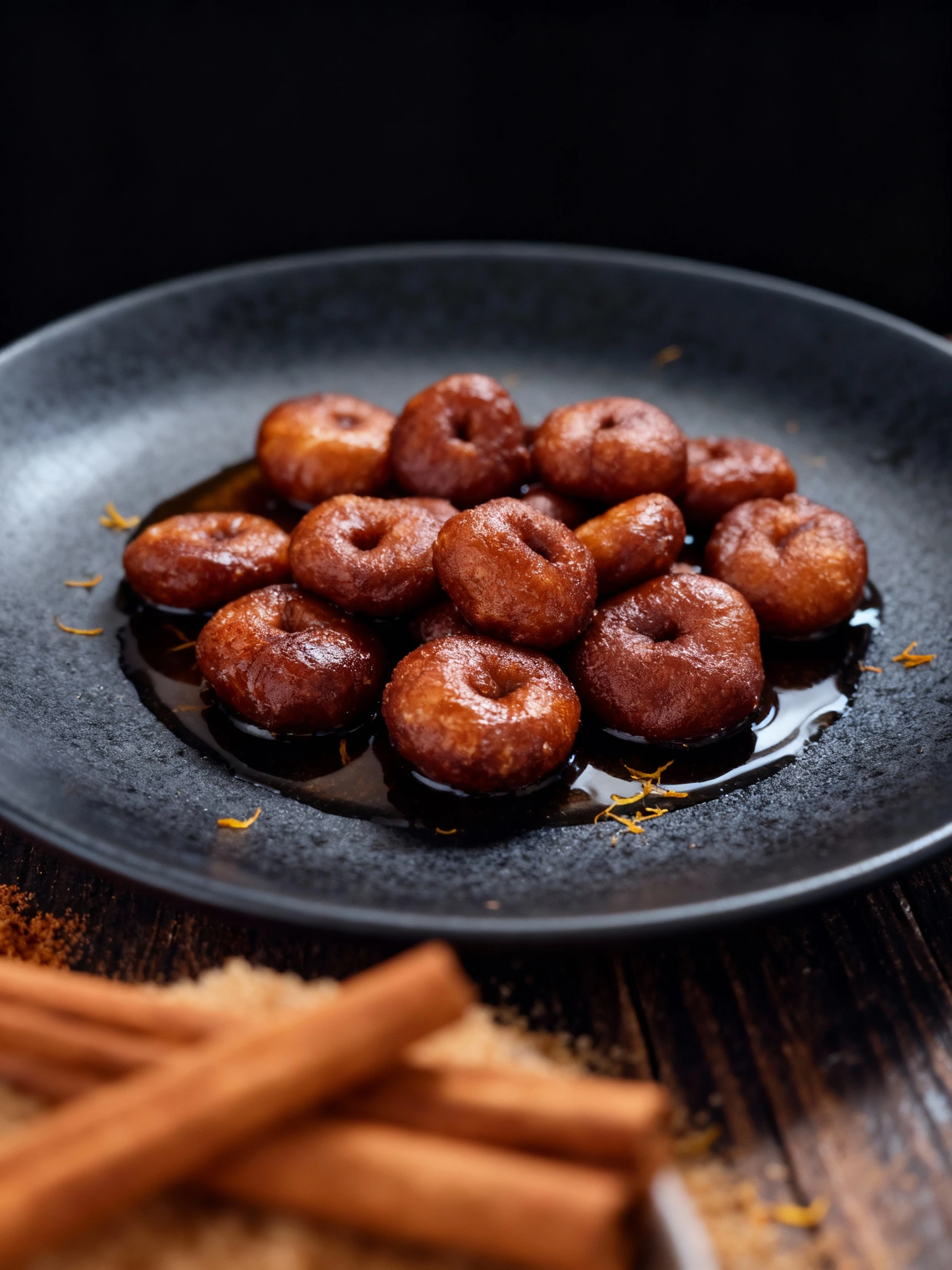 A collection of small, deep-fried dough sweets, some ring-shaped and others oblong, are soaking in a thick, glossy brown sugar syrup inside a stainless steel pa
