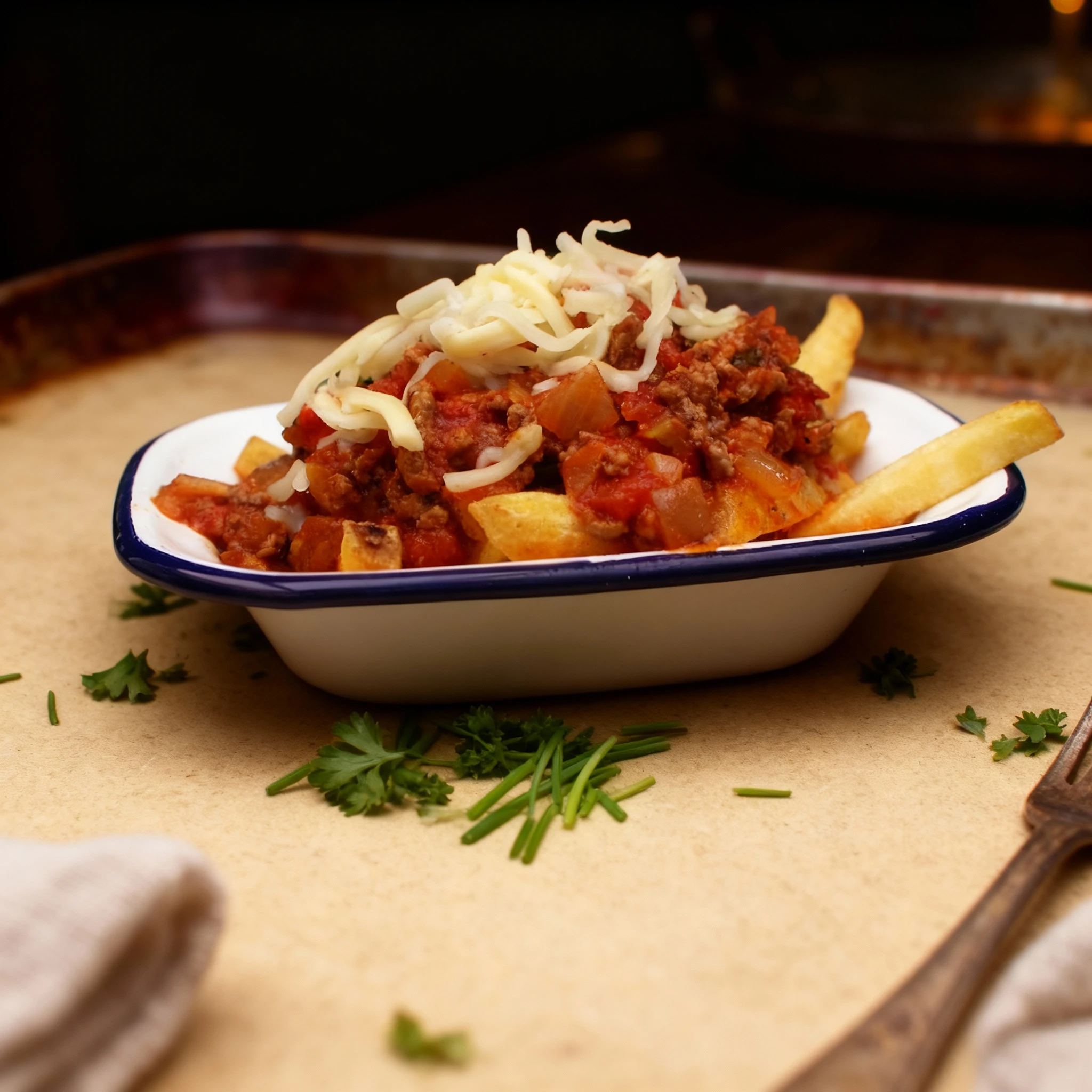 Thick-cut fries (chips) are generously loaded with a hearty minced meat and tomato sauce, topped with a mound of unmelted shredded cheese, served in a small ena