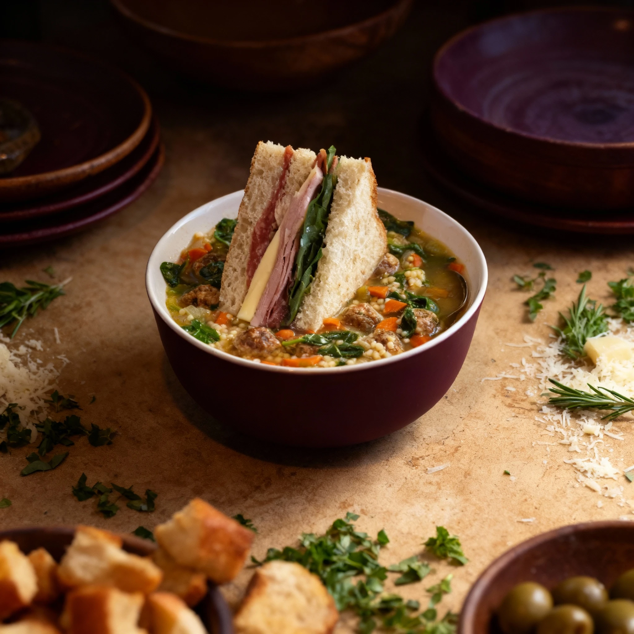 A hearty Italian soup featuring numerous small meatballs, pearl pasta (acini di pepe), carrots, and spinach in a savory broth, served alongside a sliced sandwic