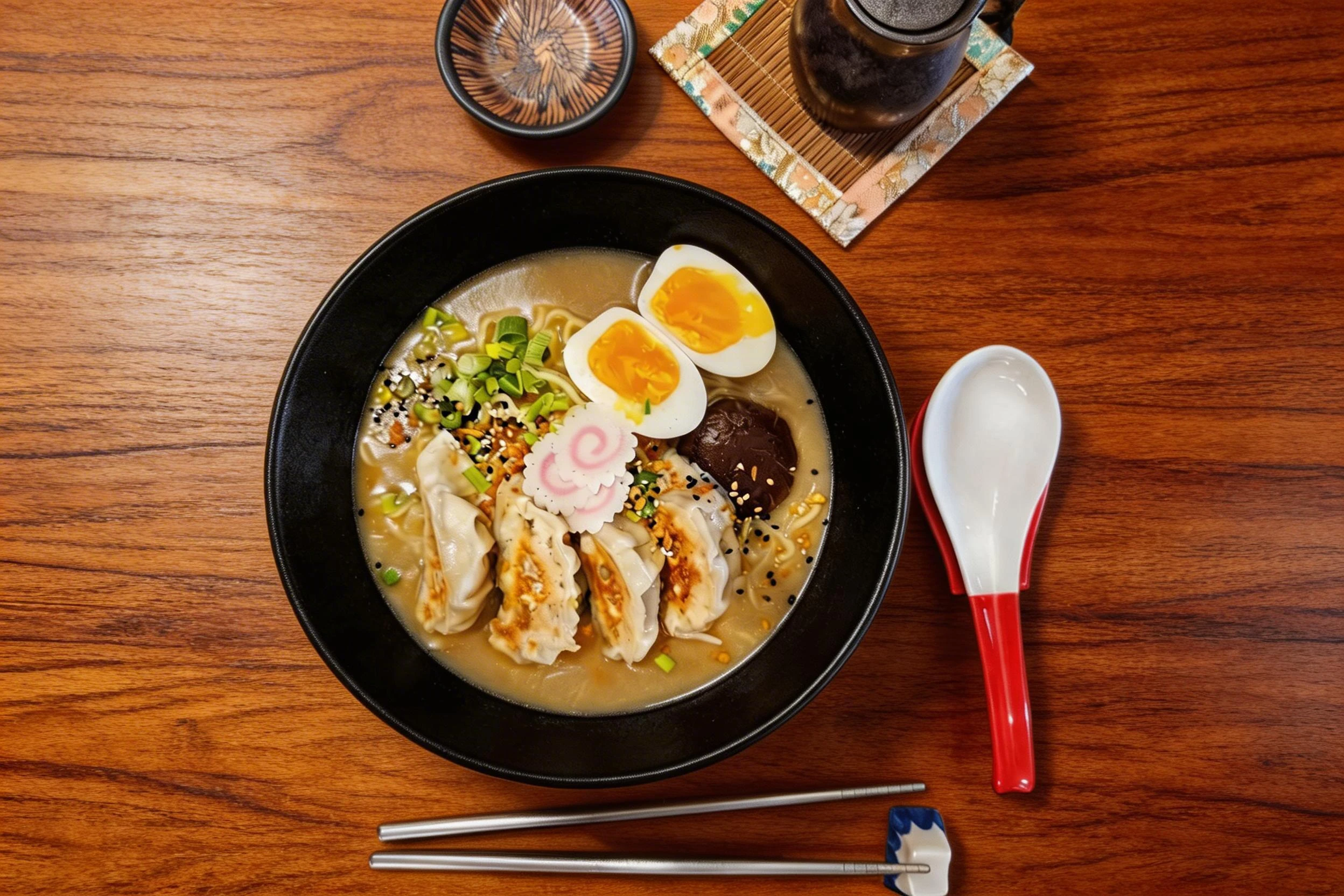 A bowl of ramen topped with four pan-fried gyoza, a soft-boiled jammy egg, narutomaki fish cakes, a shiitake mushroom, and sliced green onions in a savory broth