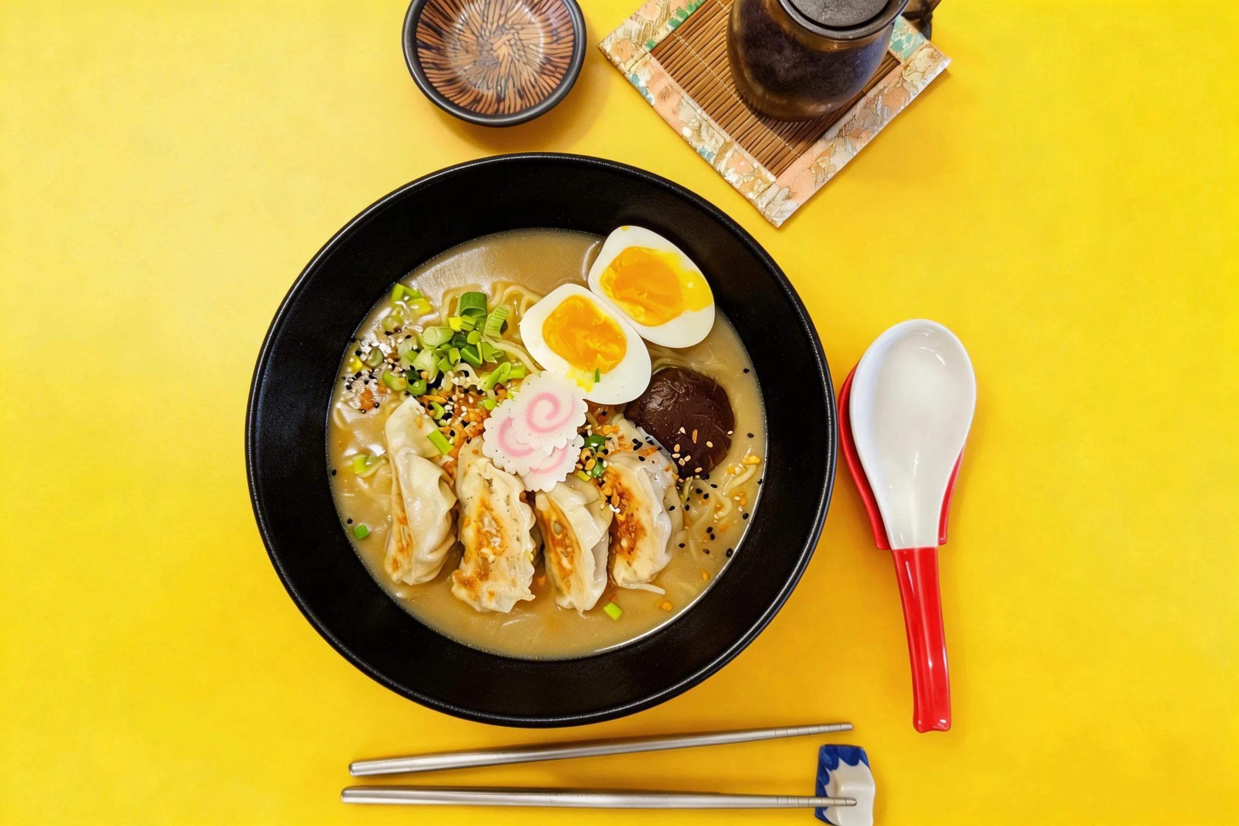 A bowl of ramen topped with four pan-fried gyoza, a soft-boiled jammy egg, narutomaki fish cakes, a shiitake mushroom, and sliced green onions in a savory broth