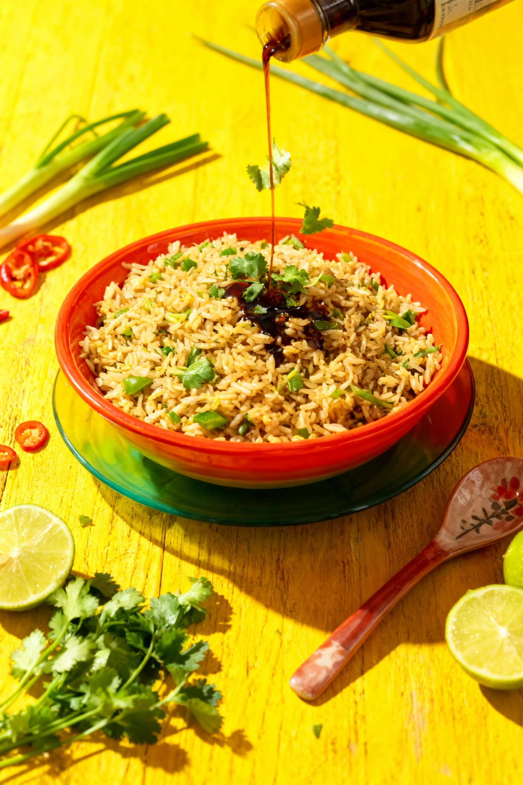 Fried rice cooked in a metal wok, consisting of seasoned rice grains mixed primarily with green ingredients like scallions or peas.