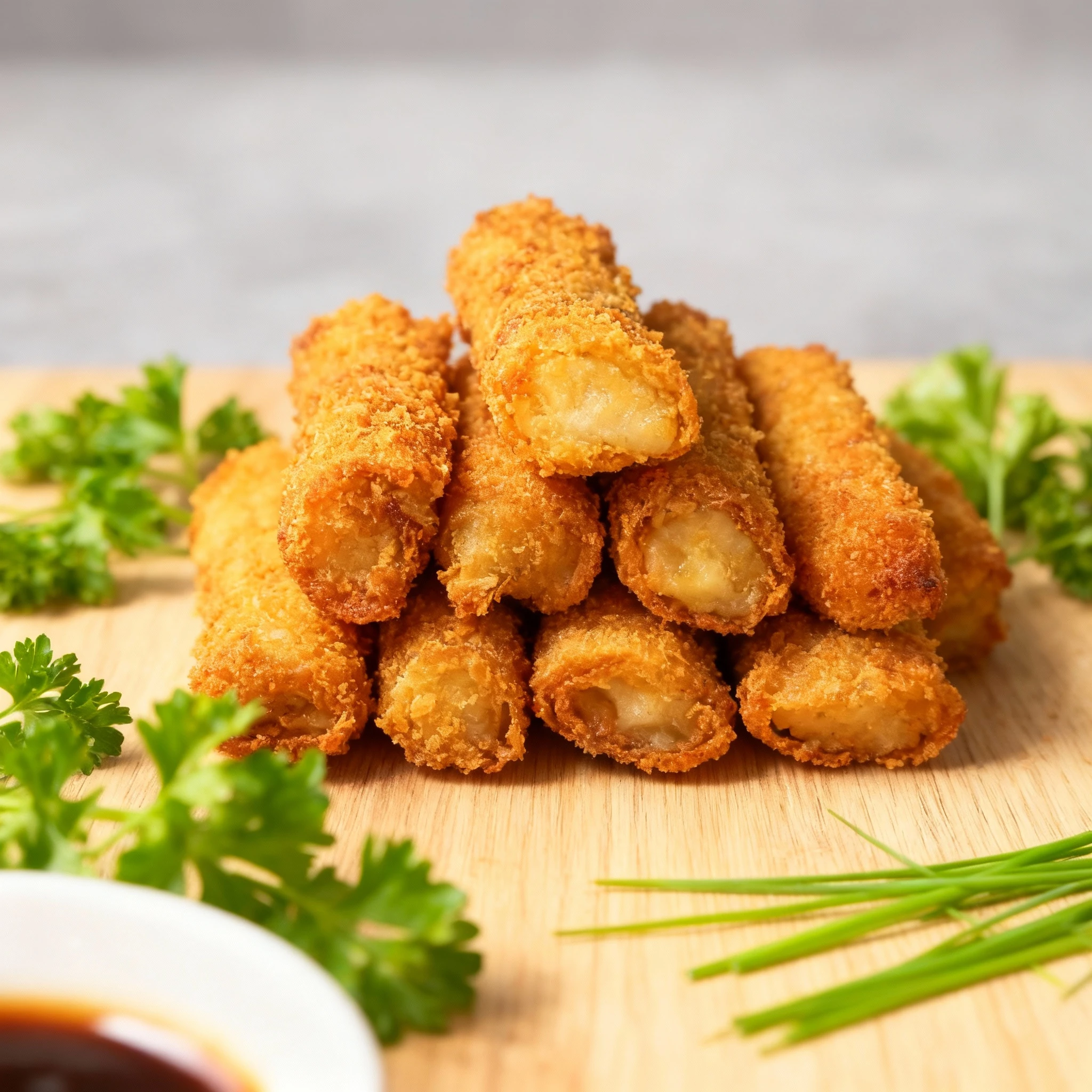 A pile of several deep-fried rolls or croquettes, featuring a thick, golden brown breadcrumb coating suggesting a crunchy exterior.