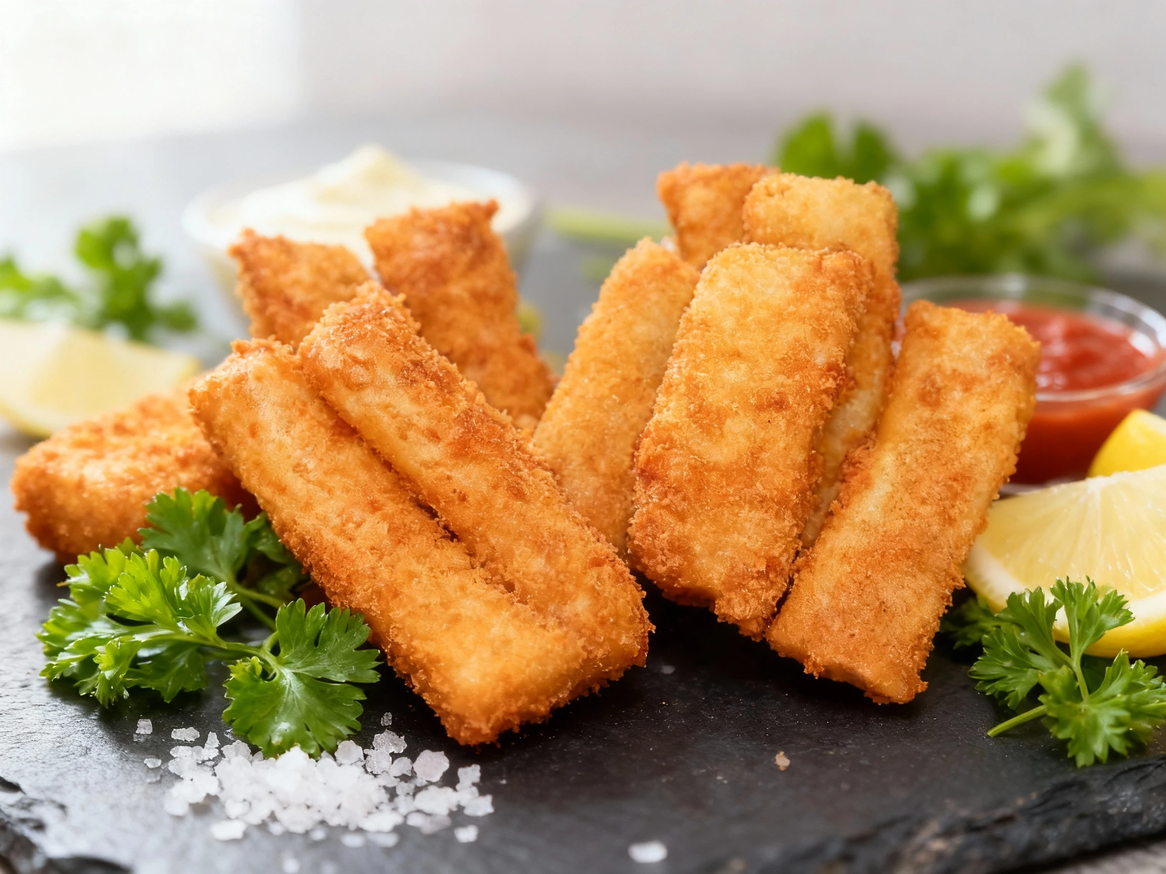 A close-up shot of several rectangular or cylindrical fried food items, likely croquettes or mozzarella sticks, coated in crispy golden-brown breadcrumbs.