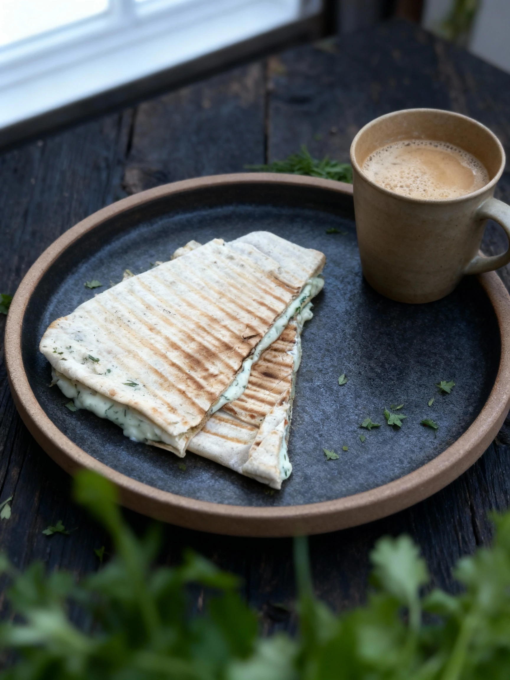 Grilled flatbread slices filled with melted herb-flecked cheese, served alongside a paper cup of frothy coffee with milk.