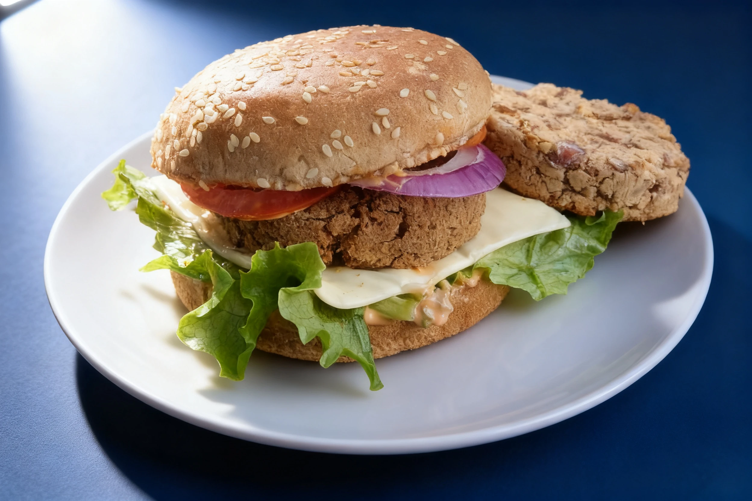 A veggie burger on a sesame seed bun with a thick plant-based patty, sliced red onion, tomato, cheese, and green lettuce, served with an additional patty on the