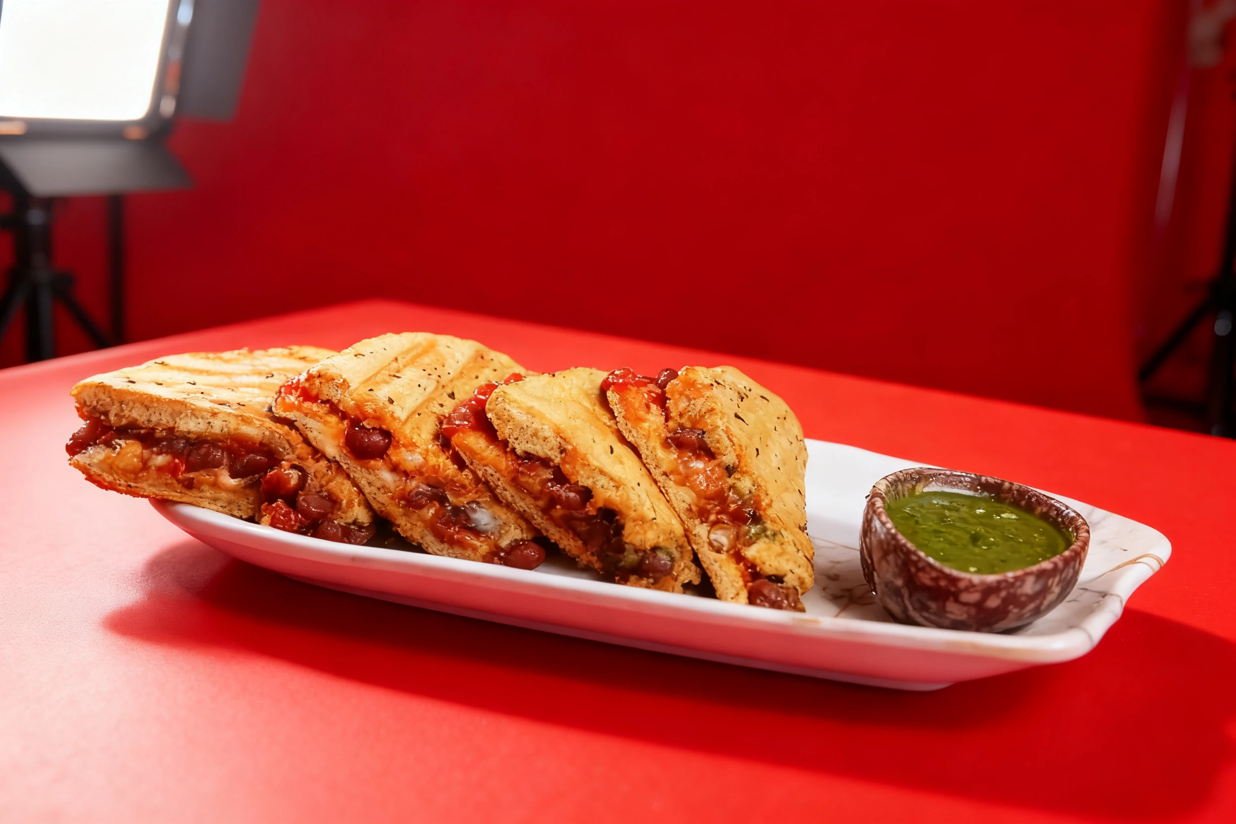 Grilled panini quarters filled with red beans, tomato salsa, and melted cheese, served on a white platter with a side of green chutney.
