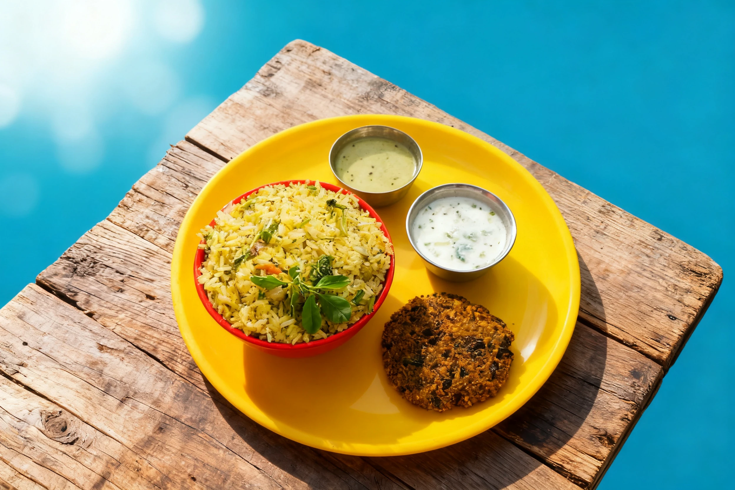 Vegetable pulao garnished with fresh herbs, served on a yellow plate with a fried lentil patty, creamy raita, and green chutney.