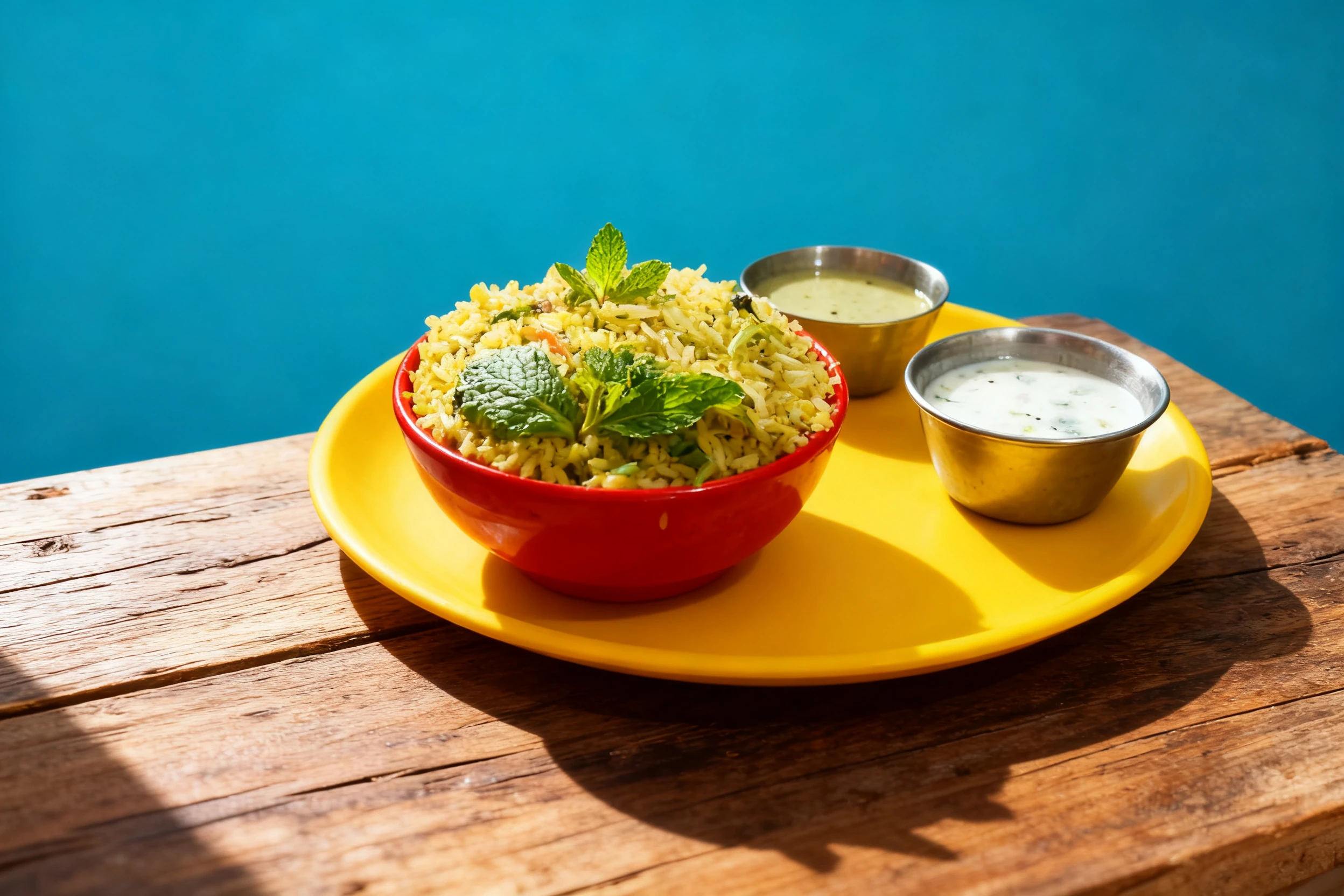 A bowl of vegetable biryani garnished with fresh mint leaves, served on a yellow plate alongside two small metal bowls of raita and chutney.