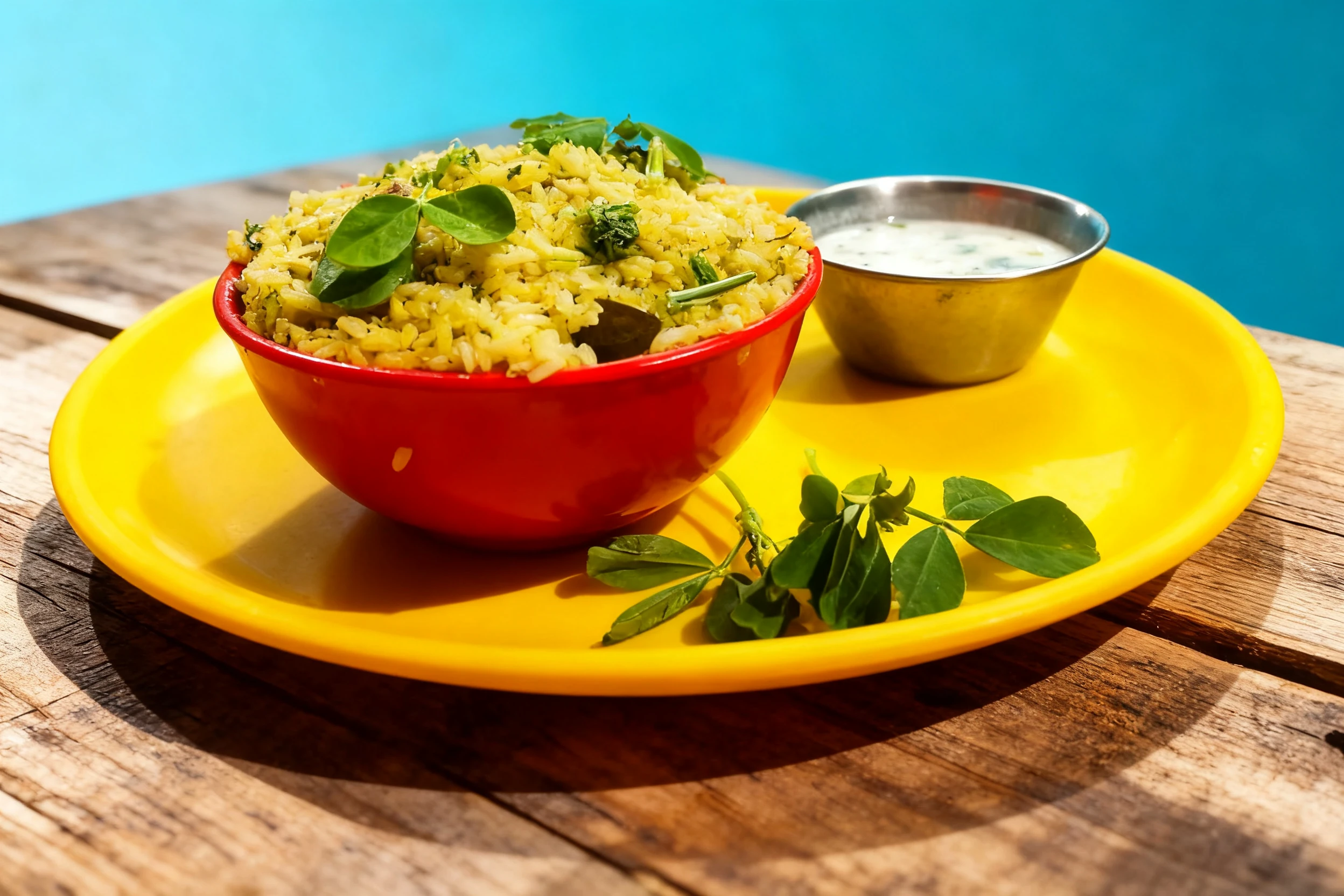 Methi Pulao served in a red bowl with fresh fenugreek leaves, accompanied by two small metal bowls of chutney and raita on a yellow plate.