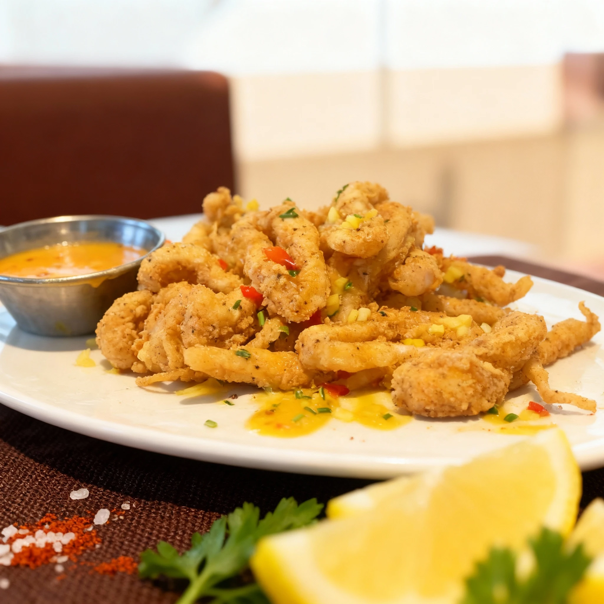 A generous portion of fried calamari, consisting of rings and tentacles, is seasoned with pepper and topped with chopped red and yellow peppers and chives. It i