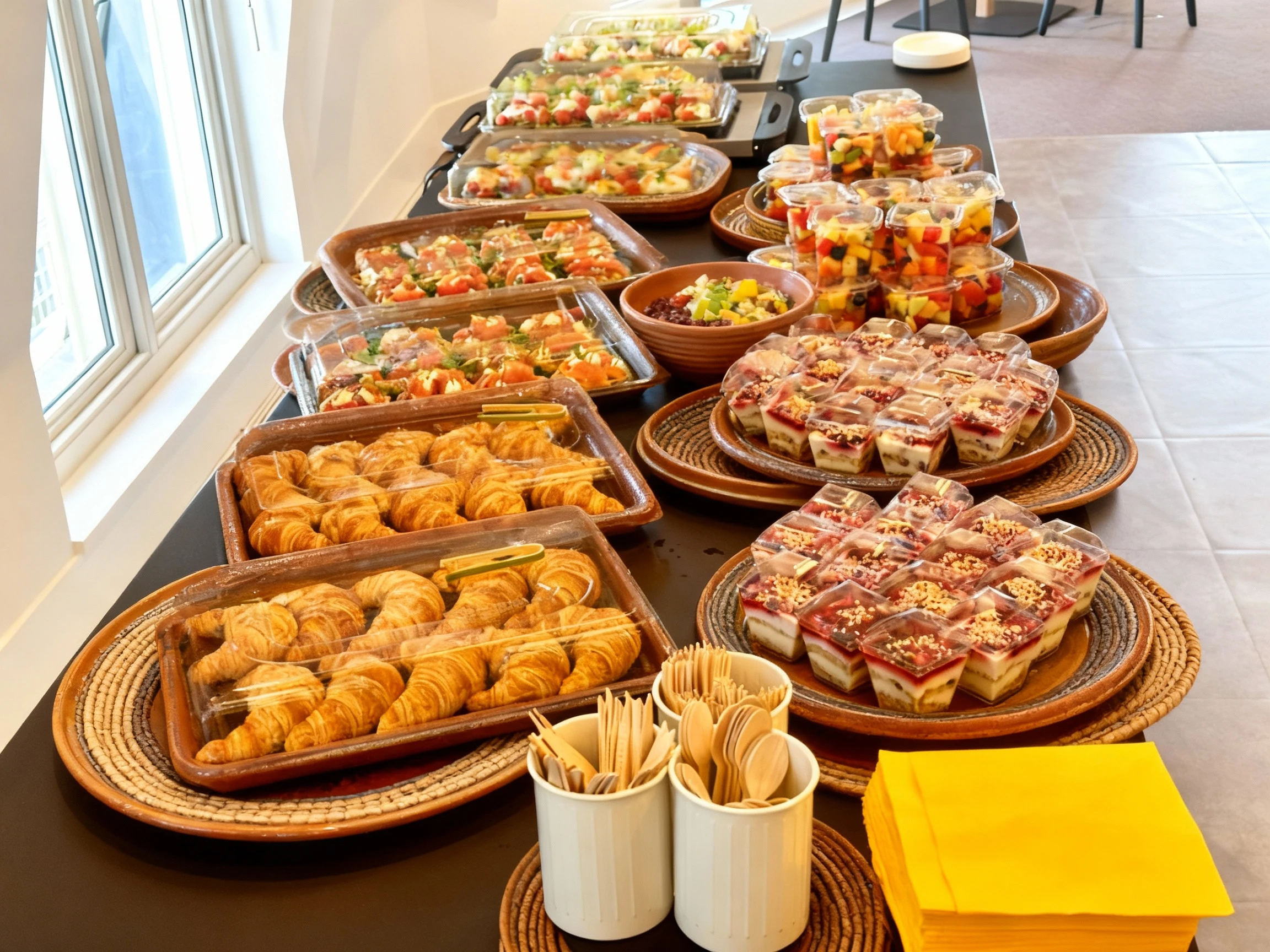 A catered spread featuring rows of golden croissants, savory appetizers possibly topped with smoked salmon, individual cups of fresh mixed fruit salad, and laye