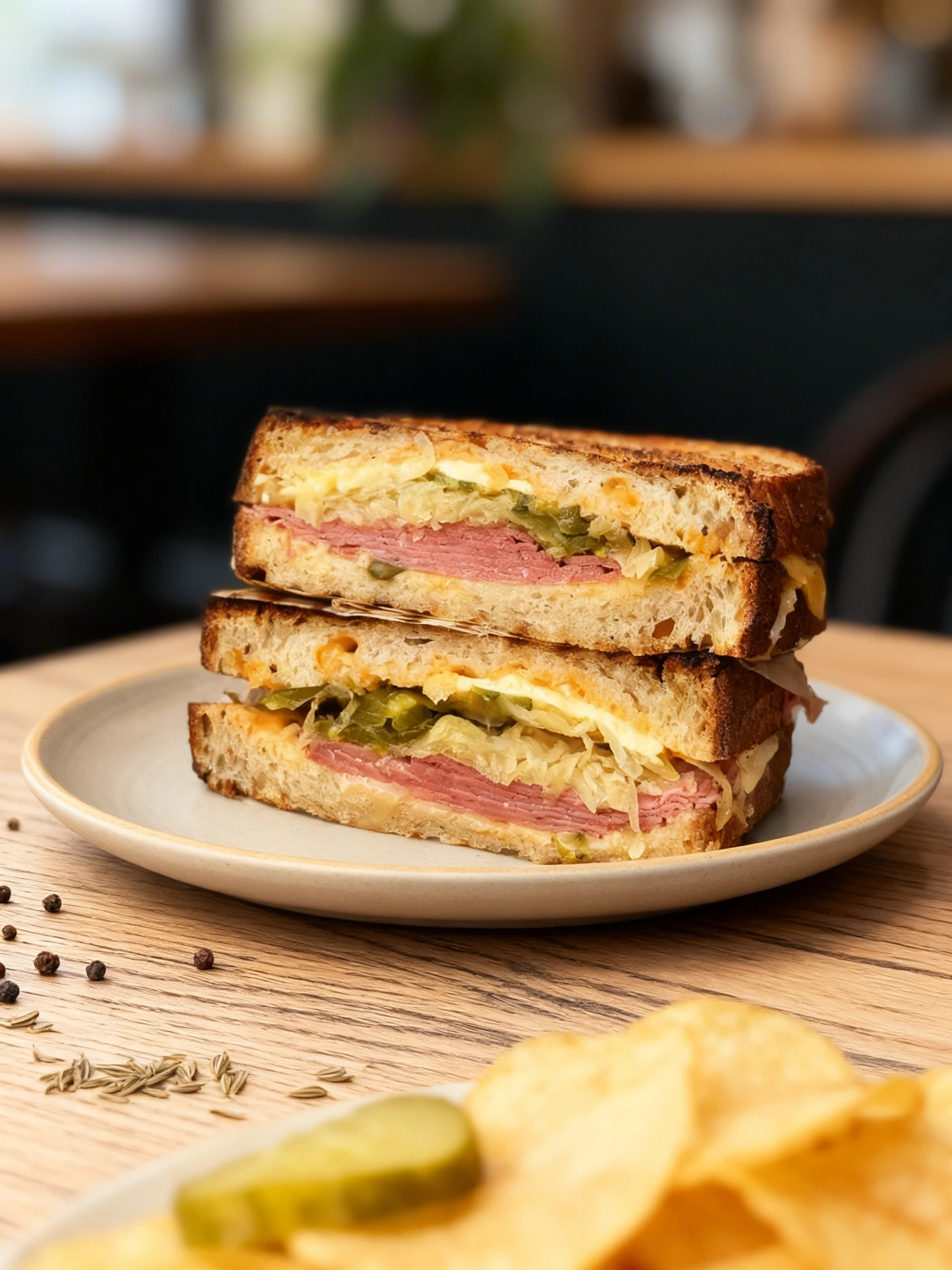 A toasted Reuben sandwich featuring layers of sliced corned beef, sauerkraut, pickles, and melted cheese on sourdough bread.