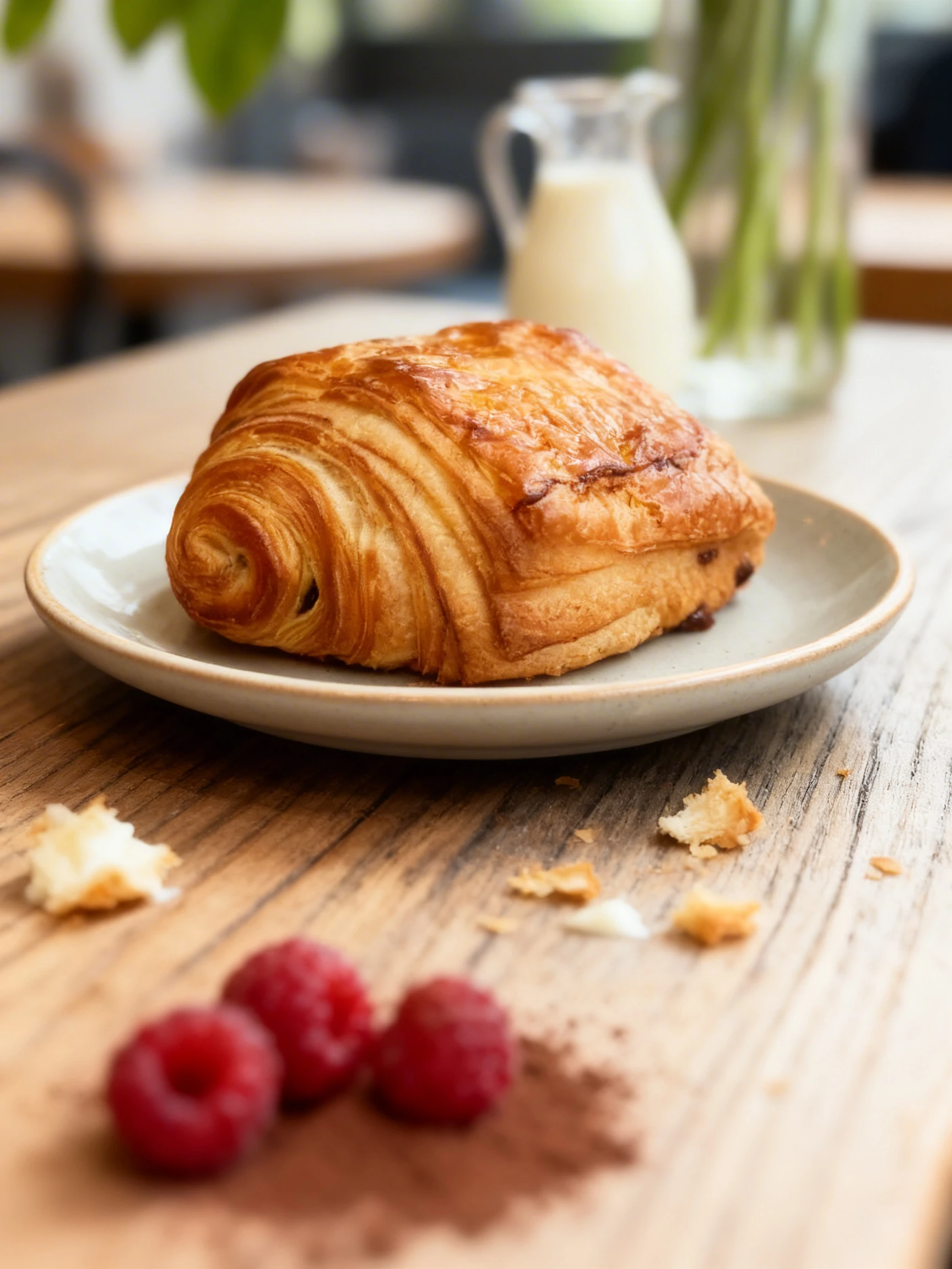 A golden-brown pain au chocolat pastry served on a piece of brown parchment paper.