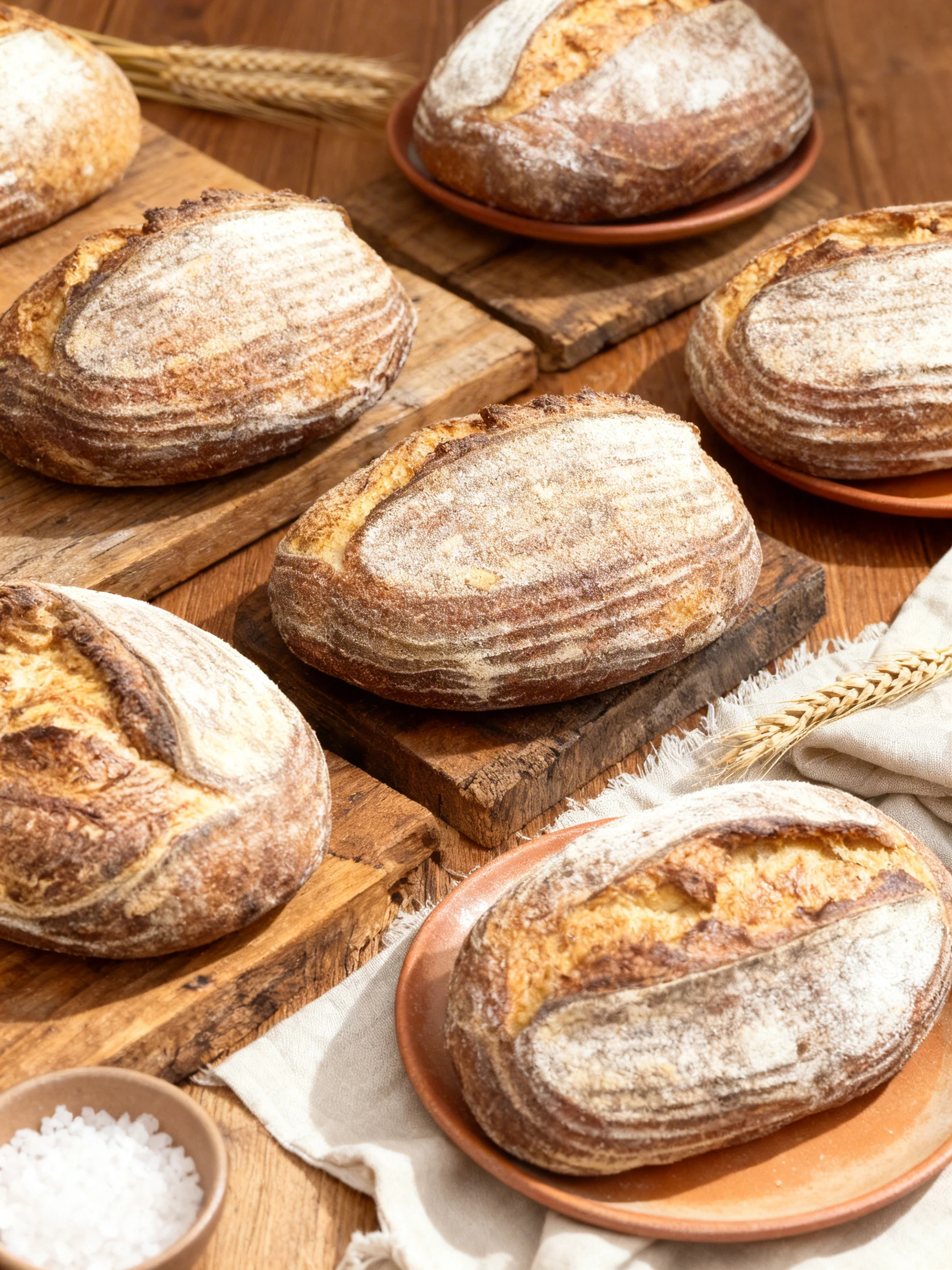 Multiple loaves of artisan sourdough bread with flour-dusted crusts and distinct score marks.