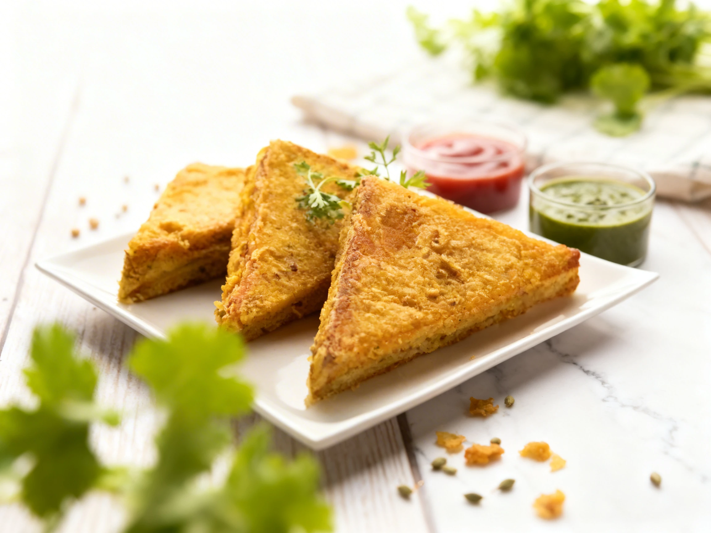 Three triangular pieces of bread pakora fried in a chickpea flour batter, garnished with fresh cilantro and served with side bowls of green chutney and tomato k