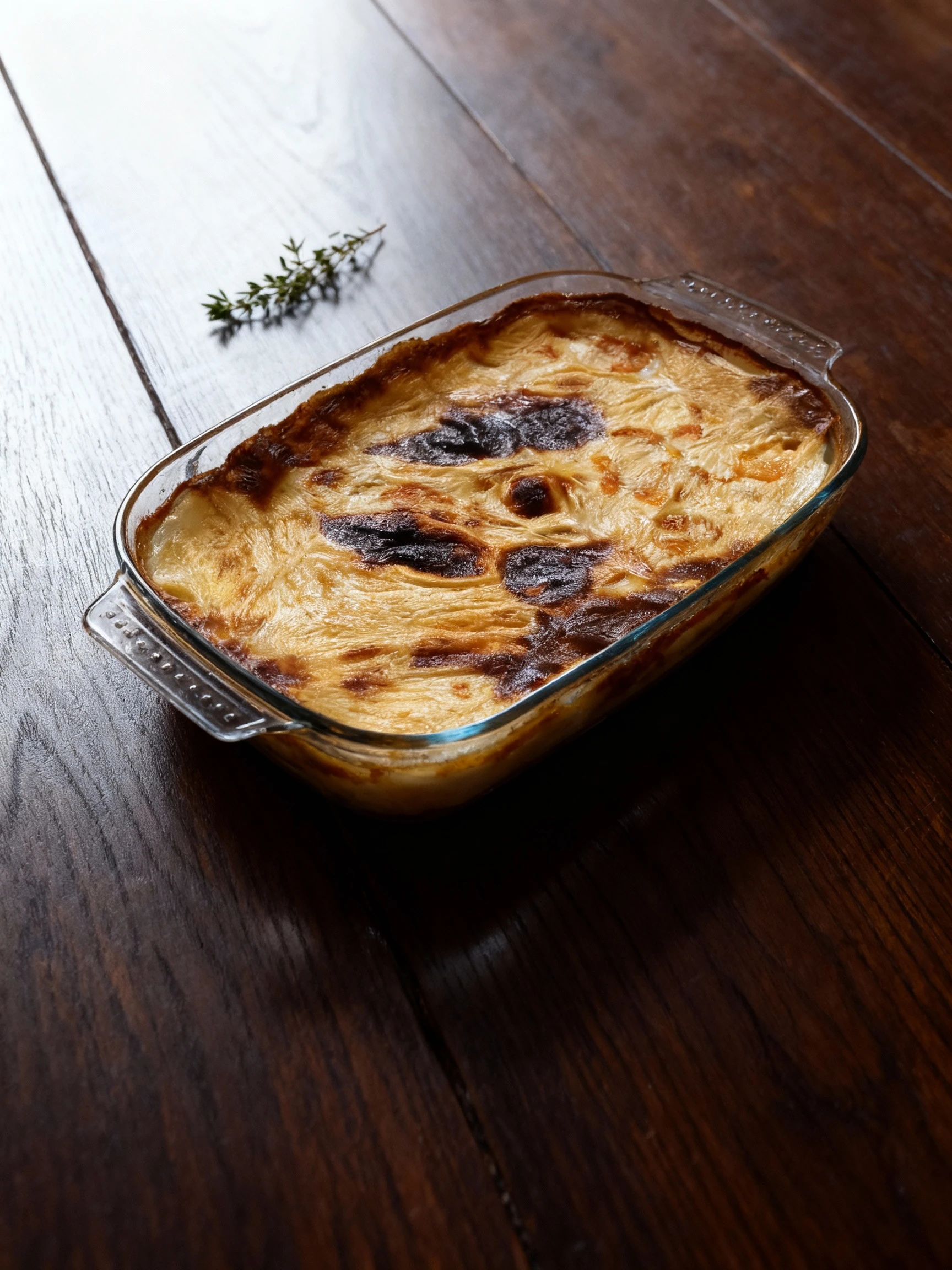 A deep glass baking dish holds a large casserole, possibly a potato gratin or lasagna, topped with a heavily baked crust exhibiting dark, browned patches and a