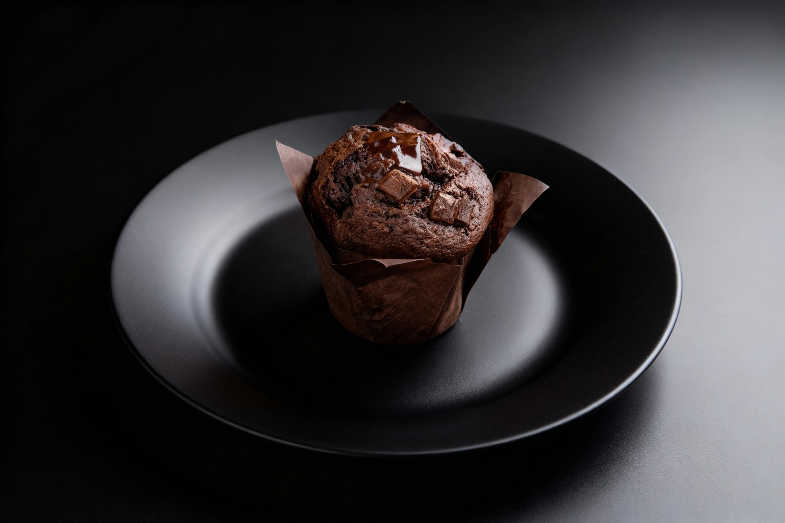 A single chocolate muffin, wrapped in a brown paper liner, topped with several chocolate chunks and a drizzle of glossy dark chocolate sauce, served on a black